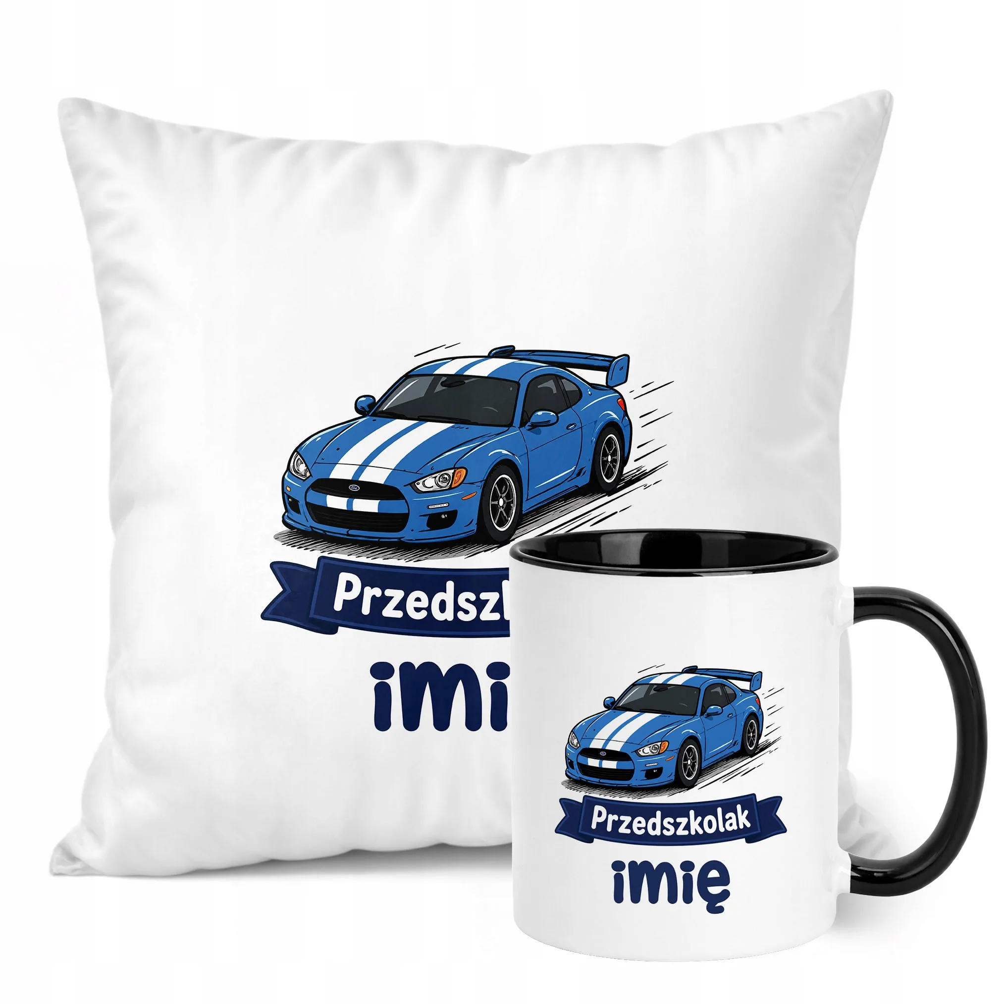 Zestaw Personalizowany Kubek Czarny Poduszka Przedszkolak Prezent