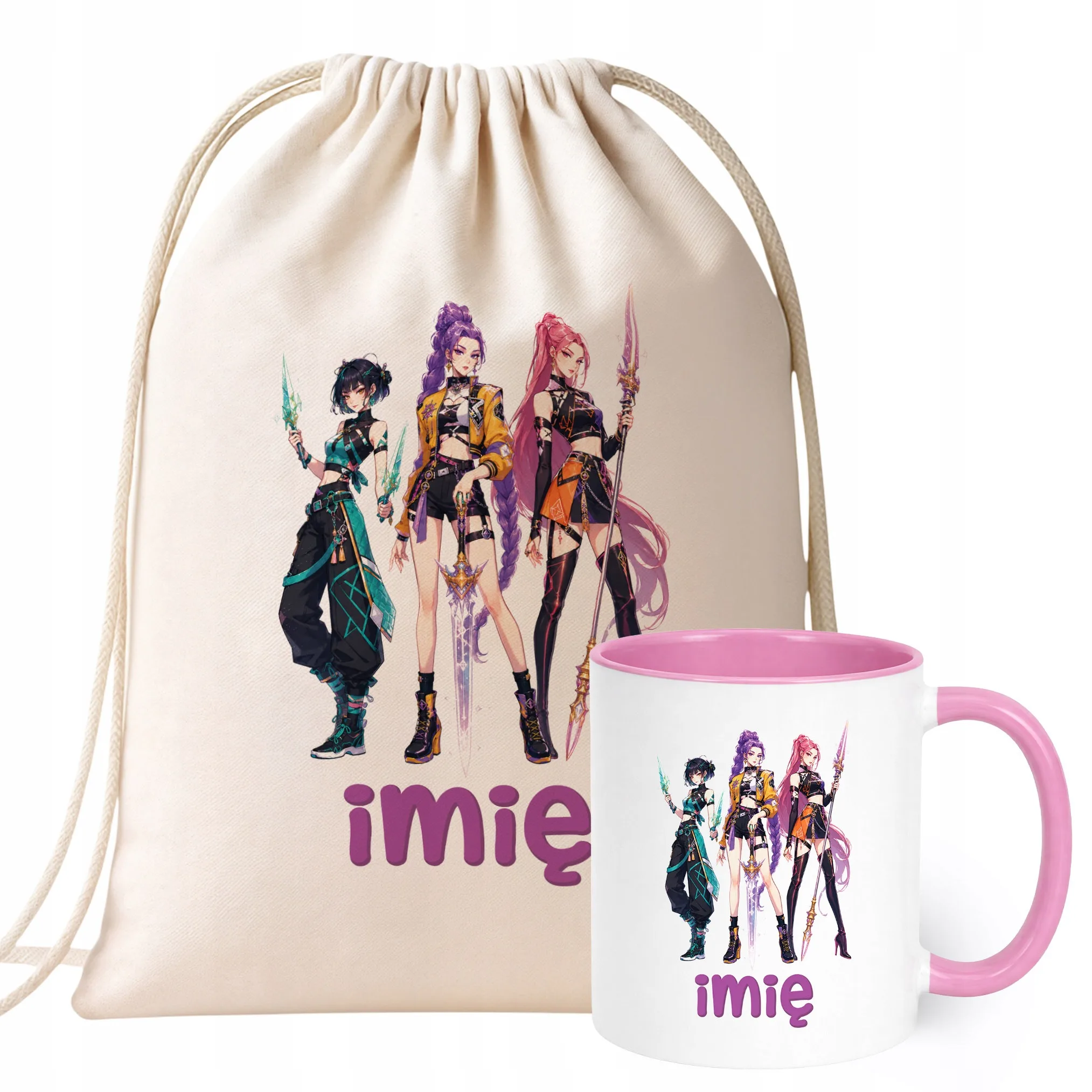 Zestaw Personalizowany Plecak Worek Kubek Różowy Łowczynie Kpop Prezent
