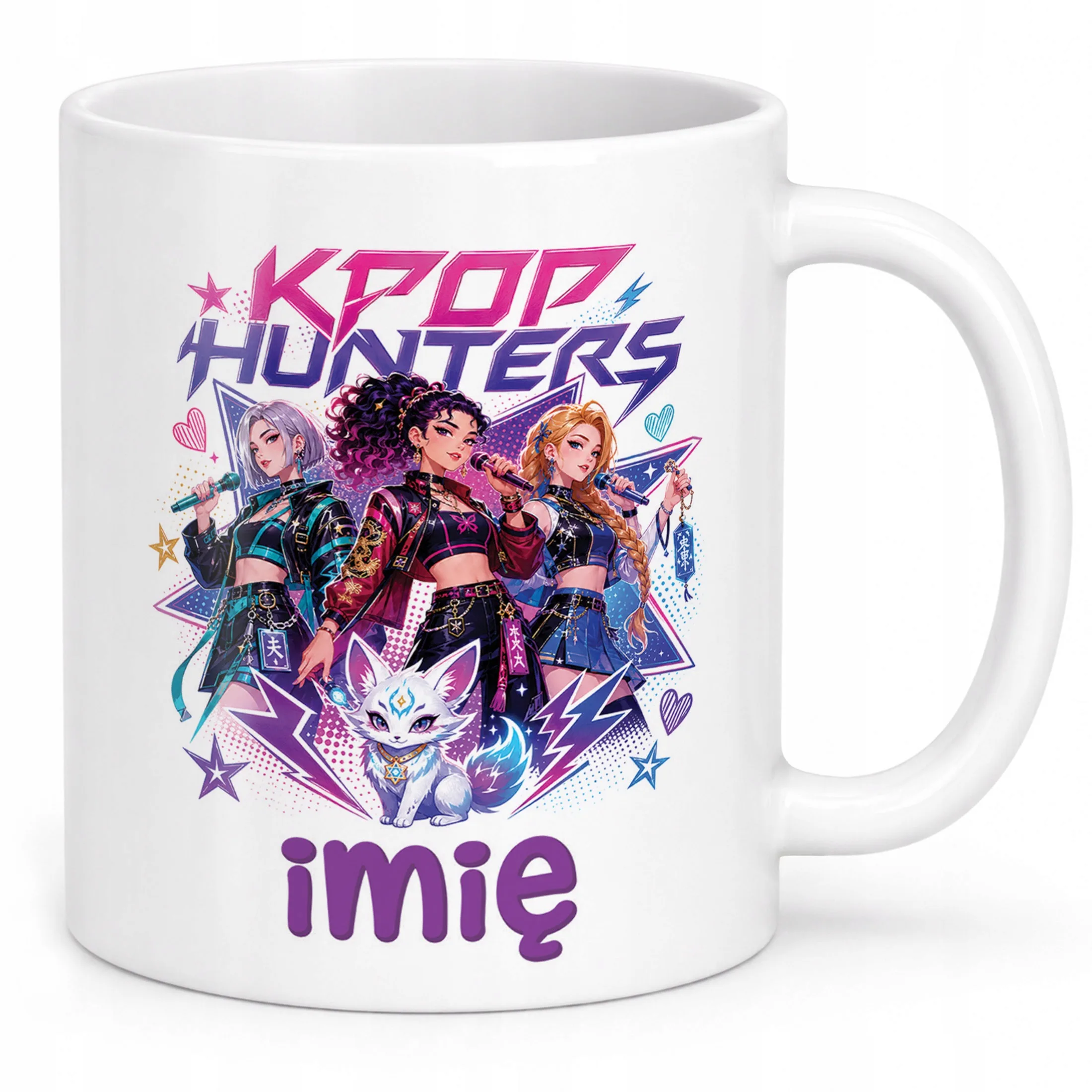 Biały Kubek z nadrukiem personalizowany ŁOWCZYNIE KPOP Dla Dzieci Prezent