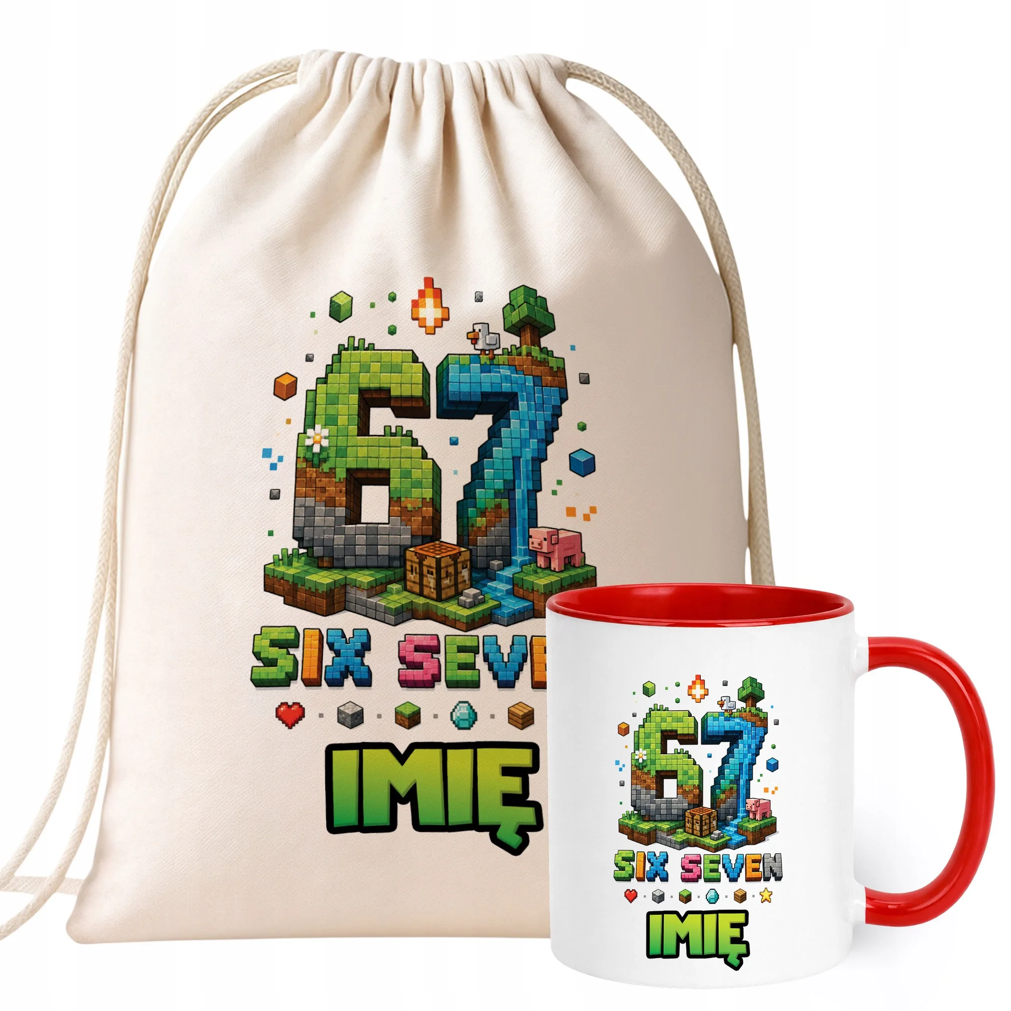 Zestaw Personalizowany Plecak Worek Kubek Czerwony 67 Six Seven Prezent
