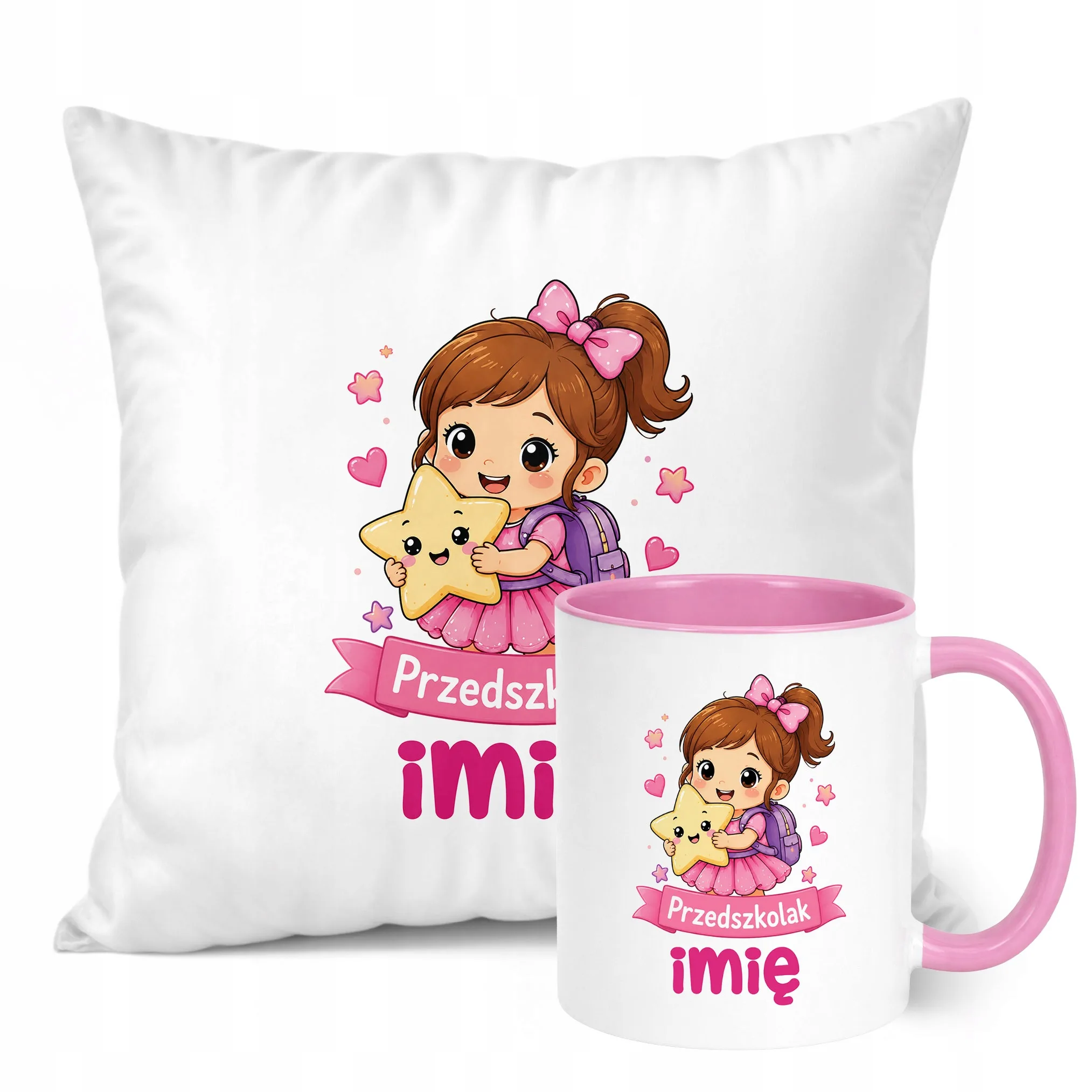Zestaw Personalizowany Kubek Różowy Poduszka Przedszkolak Prezent