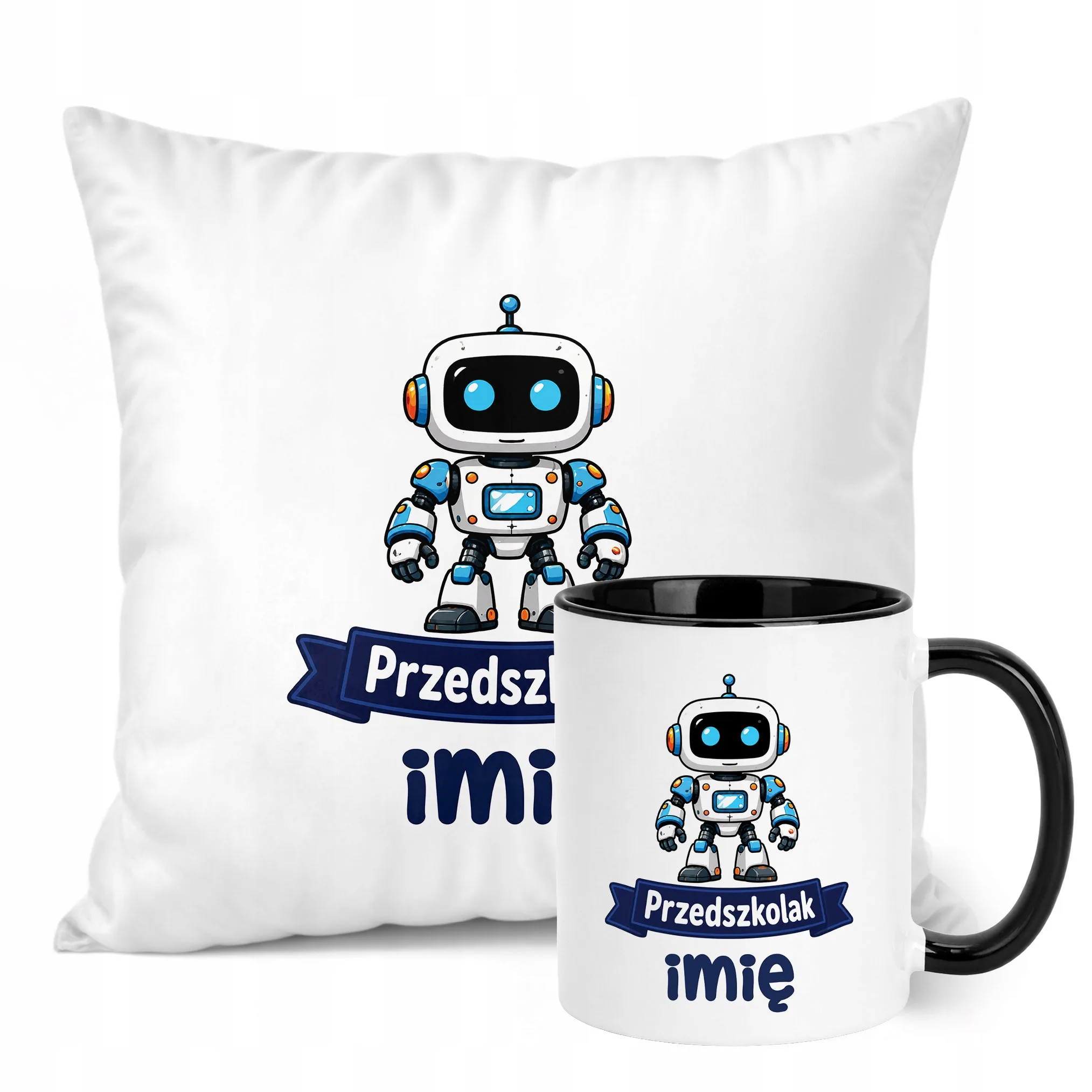 Zestaw Personalizowany Kubek Czarny Poduszka Przedszkolak Robot