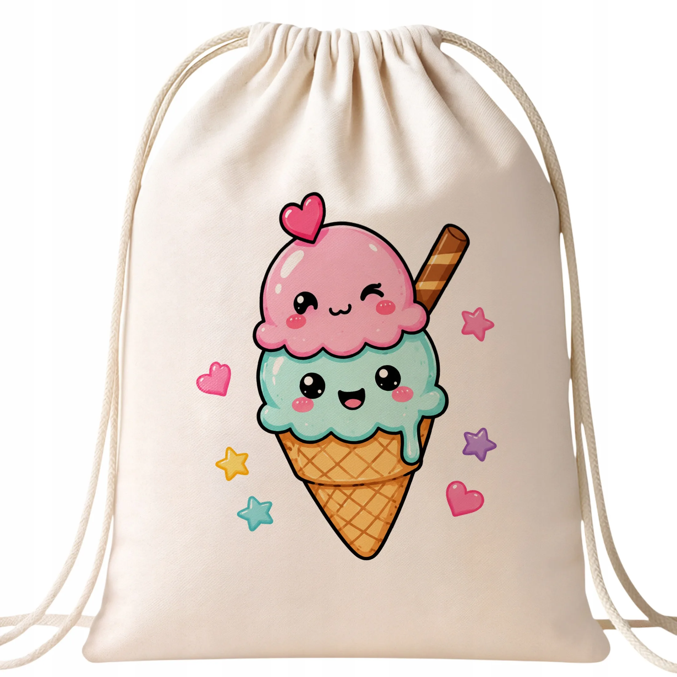 Plecak Worek Kawaii lody w z Nadrukiem Bawełniany Szkolny na Buty Ecru