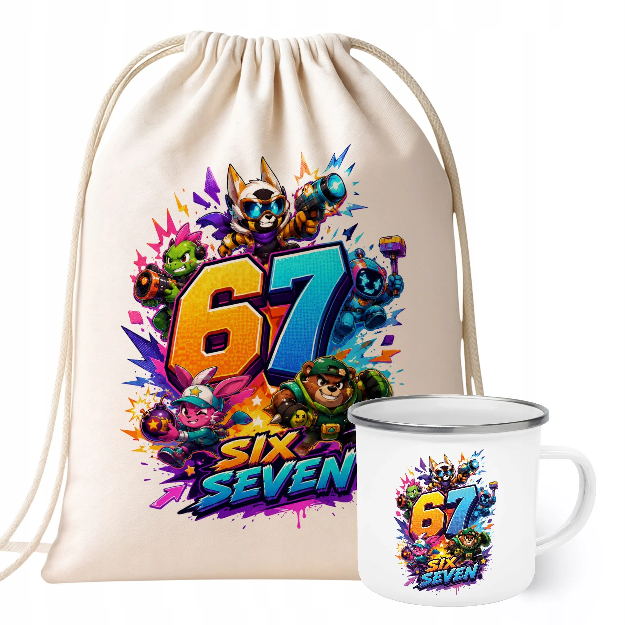 Zestaw Plecak Worek Kubek Emaliowany Z Nadrukiem 67 SIX SEVEN Prezent