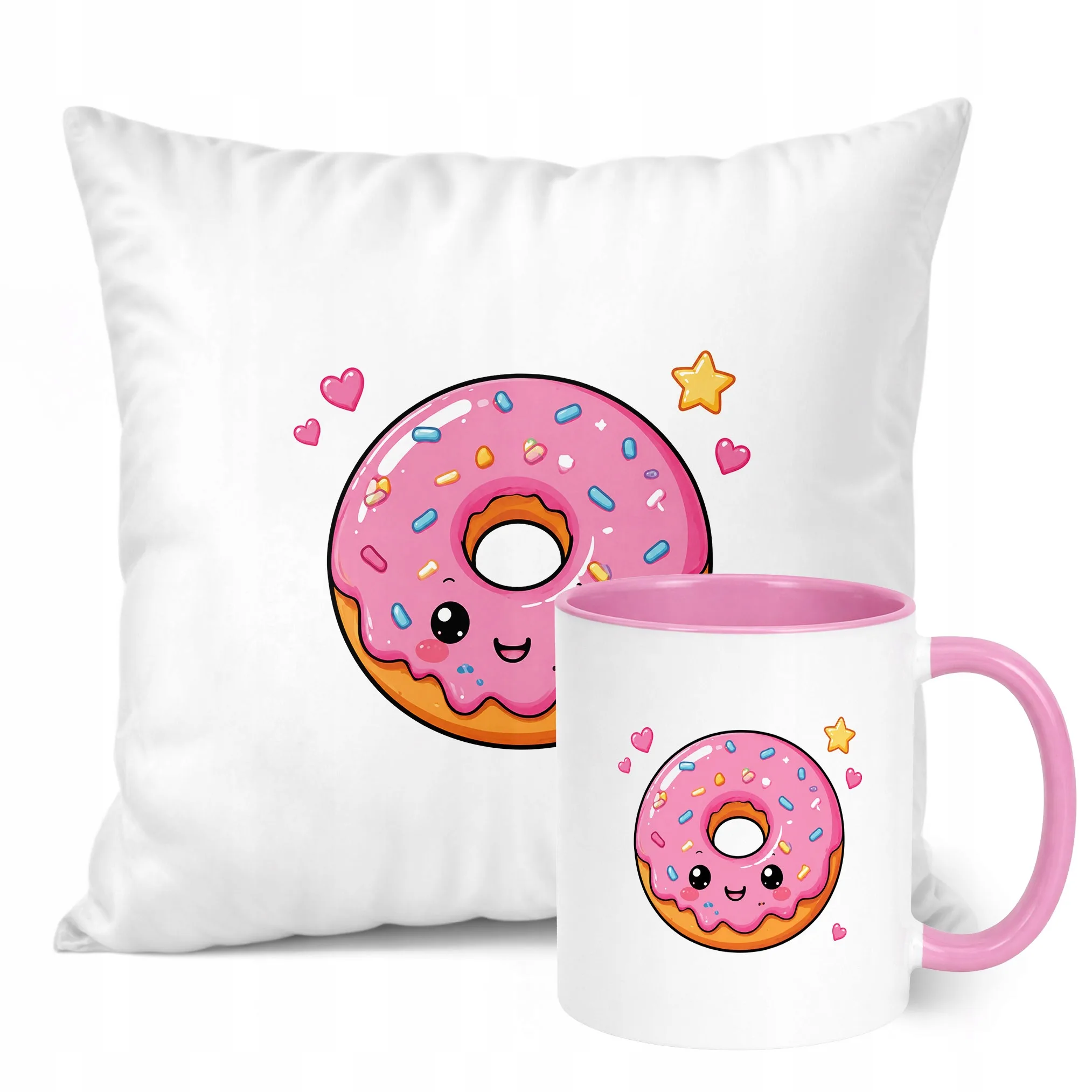 Zestaw Kubek Różowy Poduszka Z Nadrukiem Kawaii Pączek Prezent