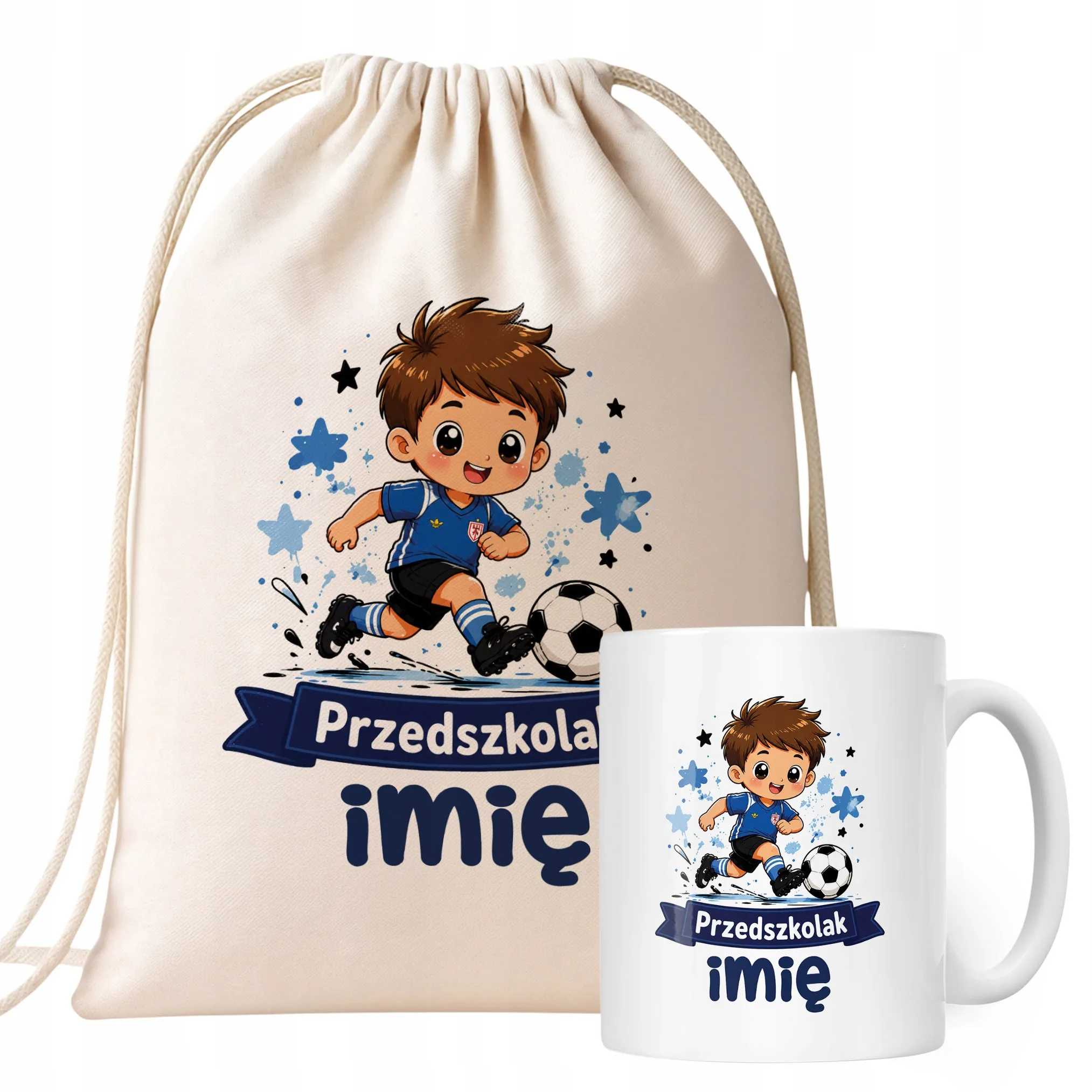 Zestaw Personalizowany Plecak Worek Kubek Przedszkolak Piłka nożna Prezent