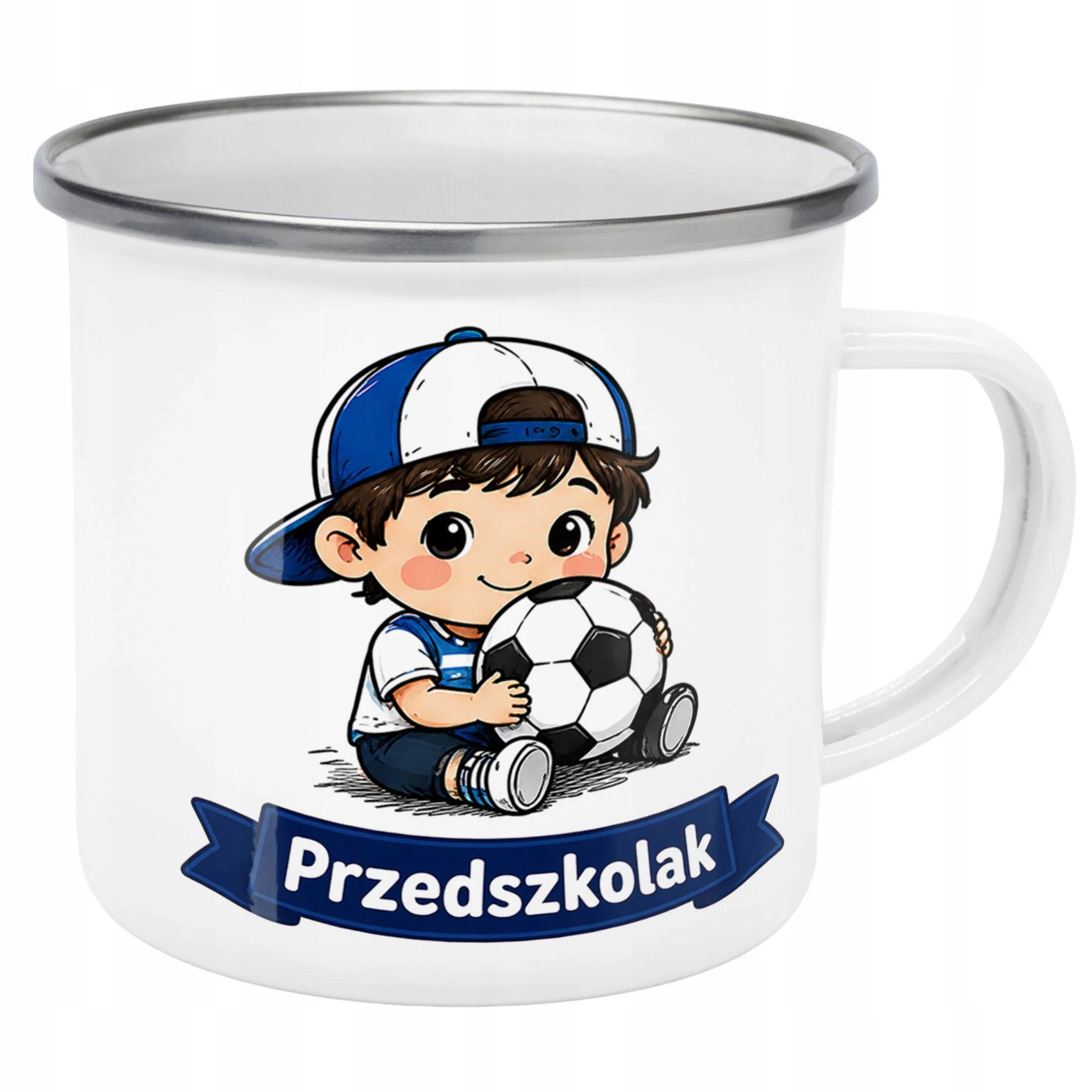 Kubek Emaliowany Przedszkolak Szkoła z Nadrukiem Biały Metalowy Prezent