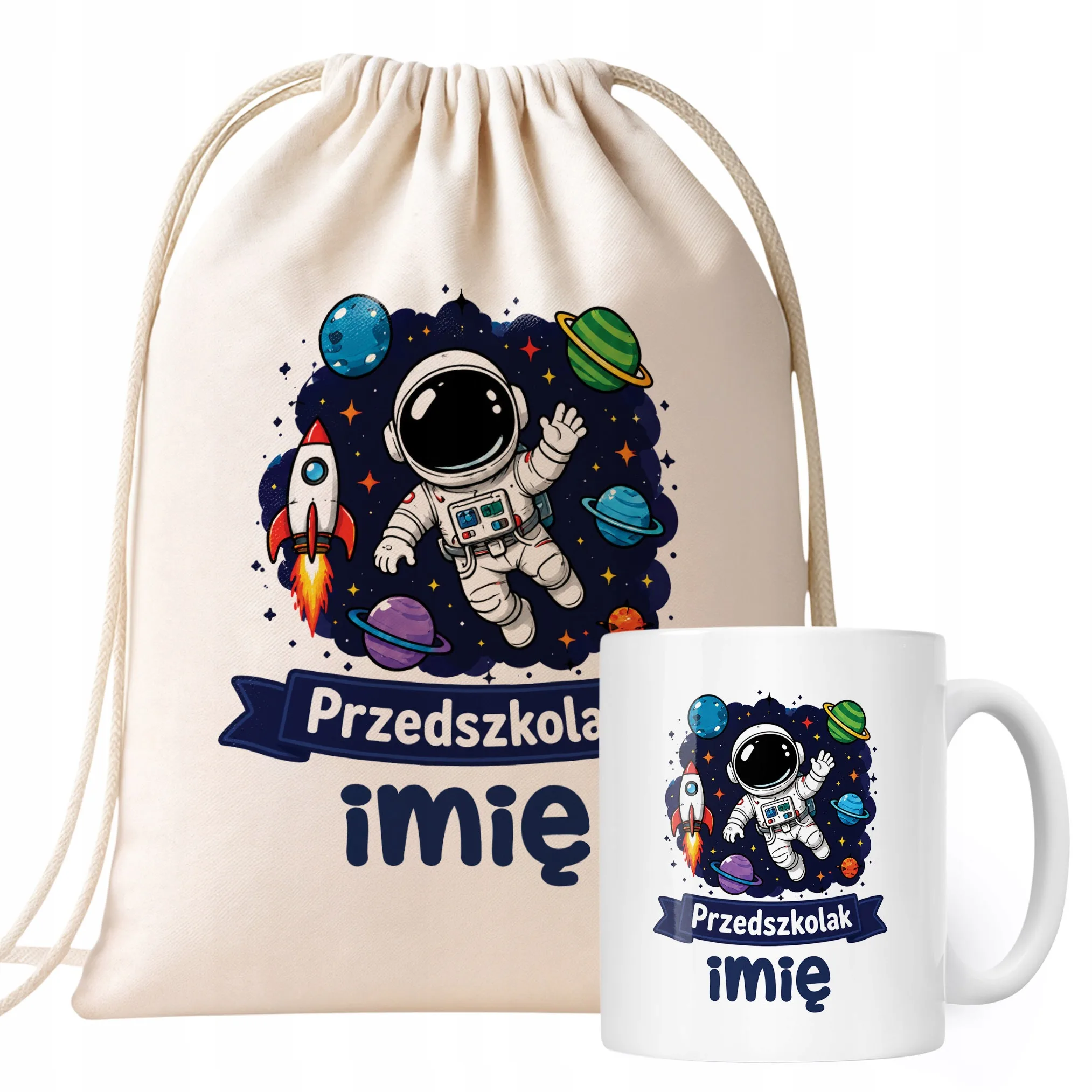 Zestaw Personalizowany Plecak Worek Kubek Przedszkolak Astronauta Prezent