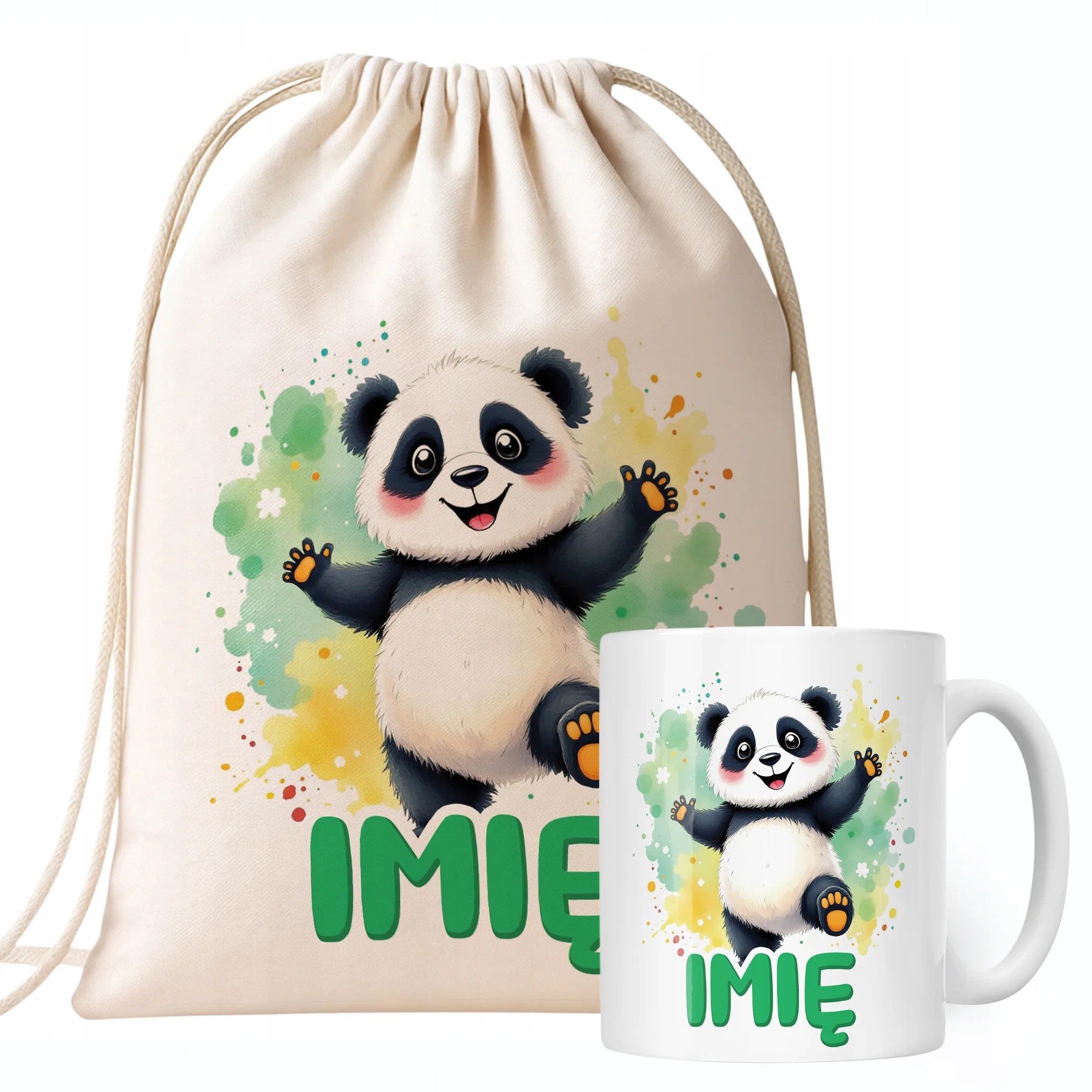 Zestaw personalizowany Kubek + Plecak Panda Zwierzak Słodki Prezent