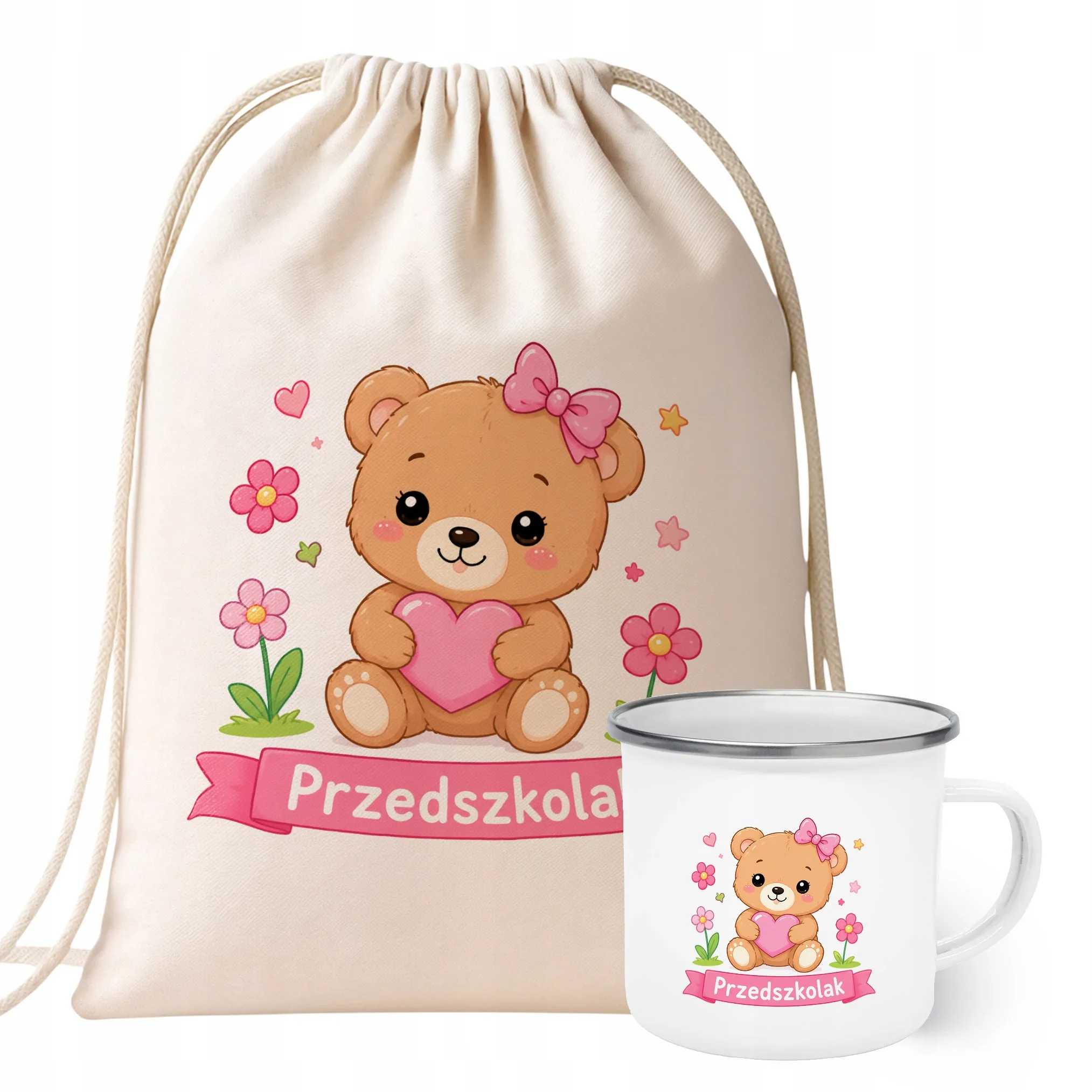 Zestaw Plecak Worek Kubek Emaliowany Z Nadrukiem Przedszkolak Szkoła