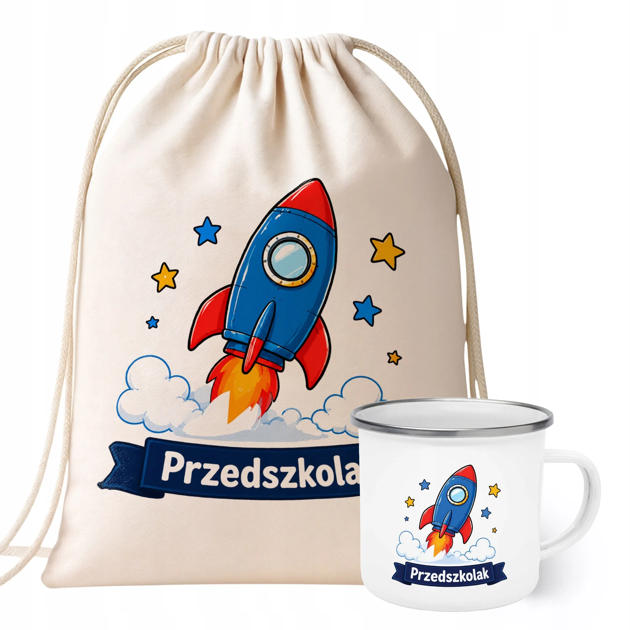 Zestaw Plecak Worek Kubek Emaliowany Z Nadrukiem Przedszkolak Szkoła