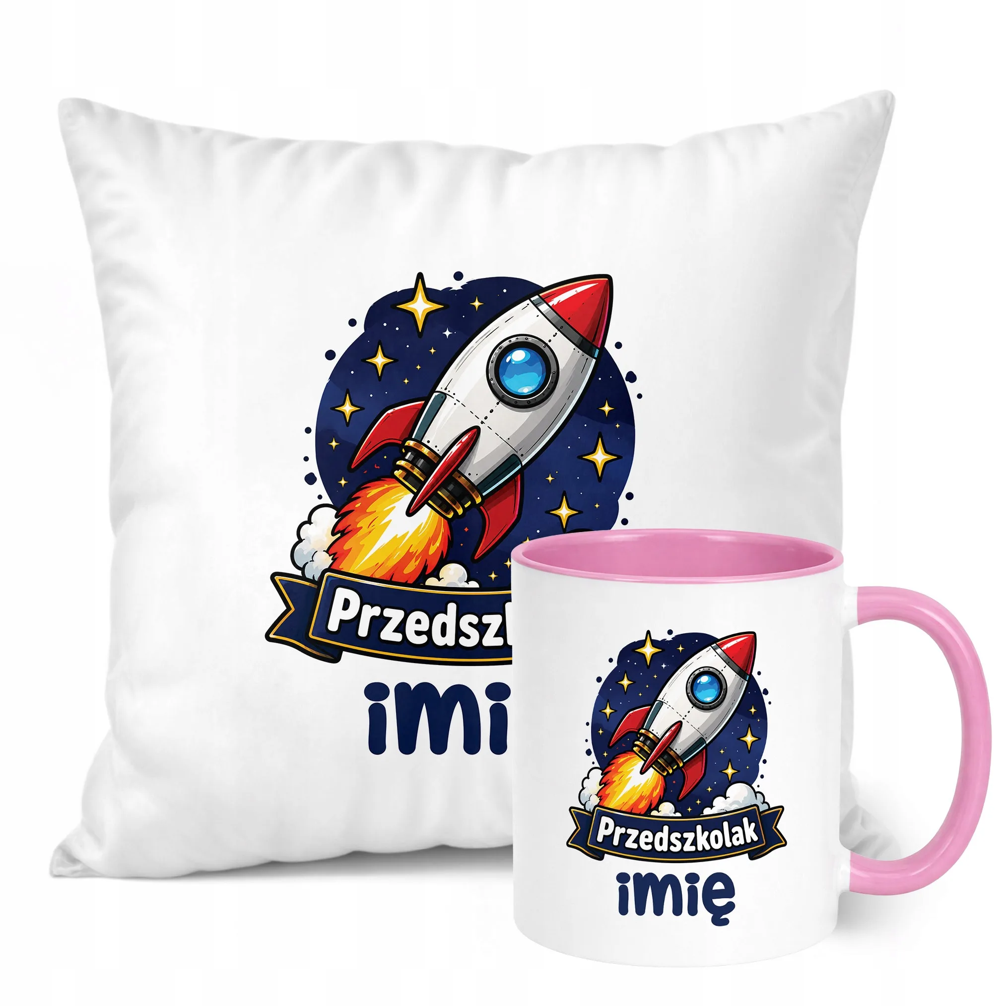 Zestaw Personalizowany Kubek Różowy Poduszka Przedszkolak Rakieta
