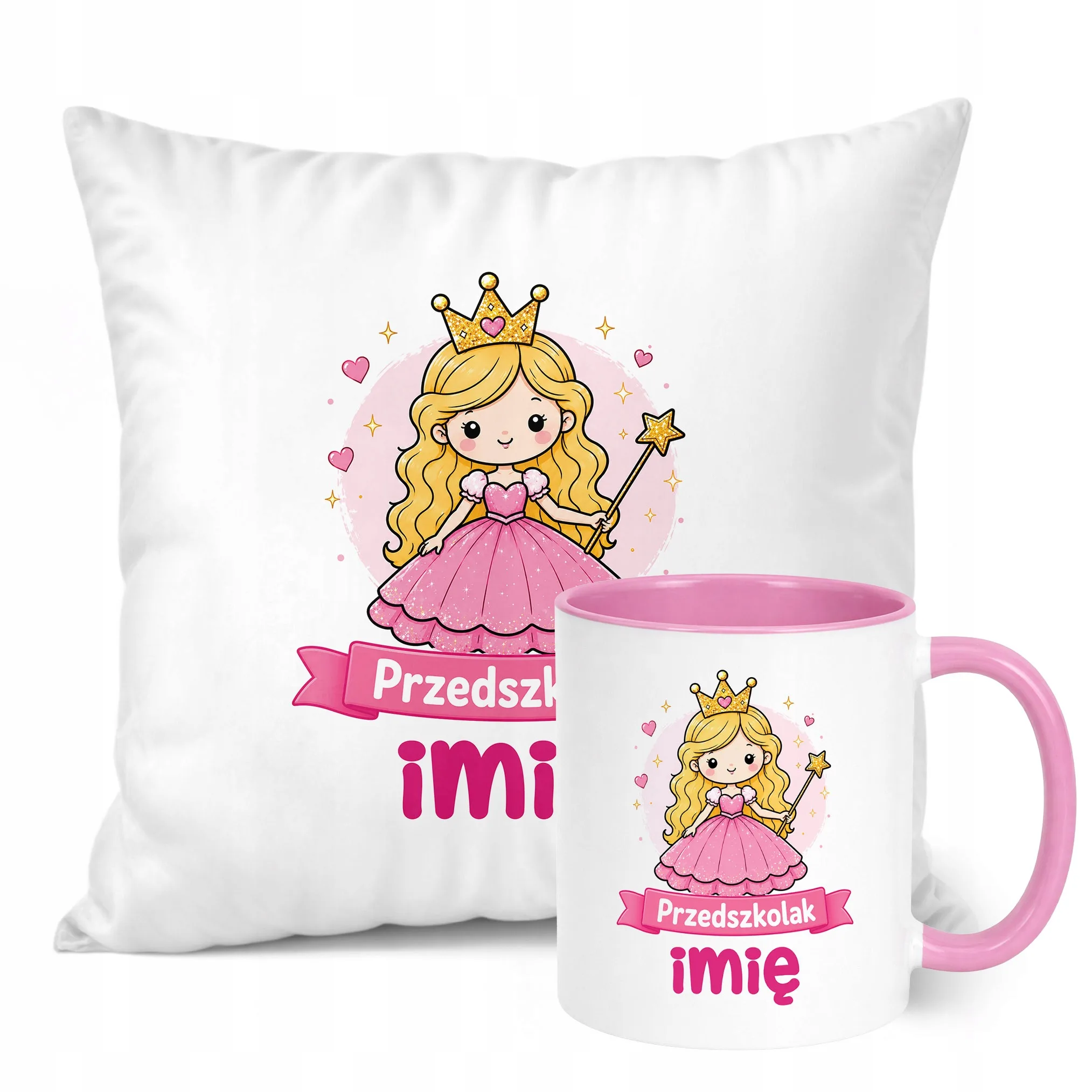 Zestaw Personalizowany Kubek Różowy Poduszka Przedszkolak