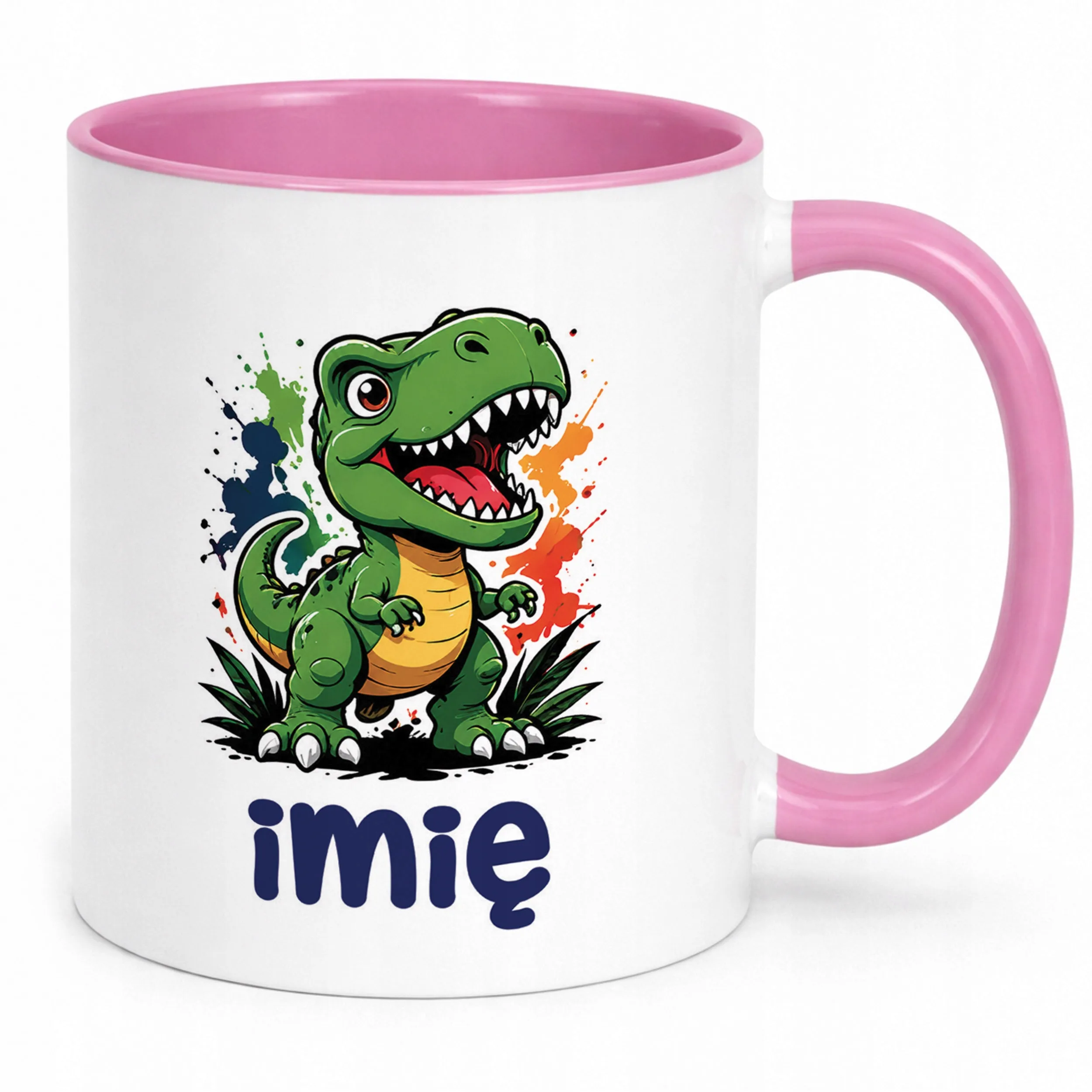 Kubek Różowy z nadrukiem personalizowany Dinozaur Dla Dzieci Prezent