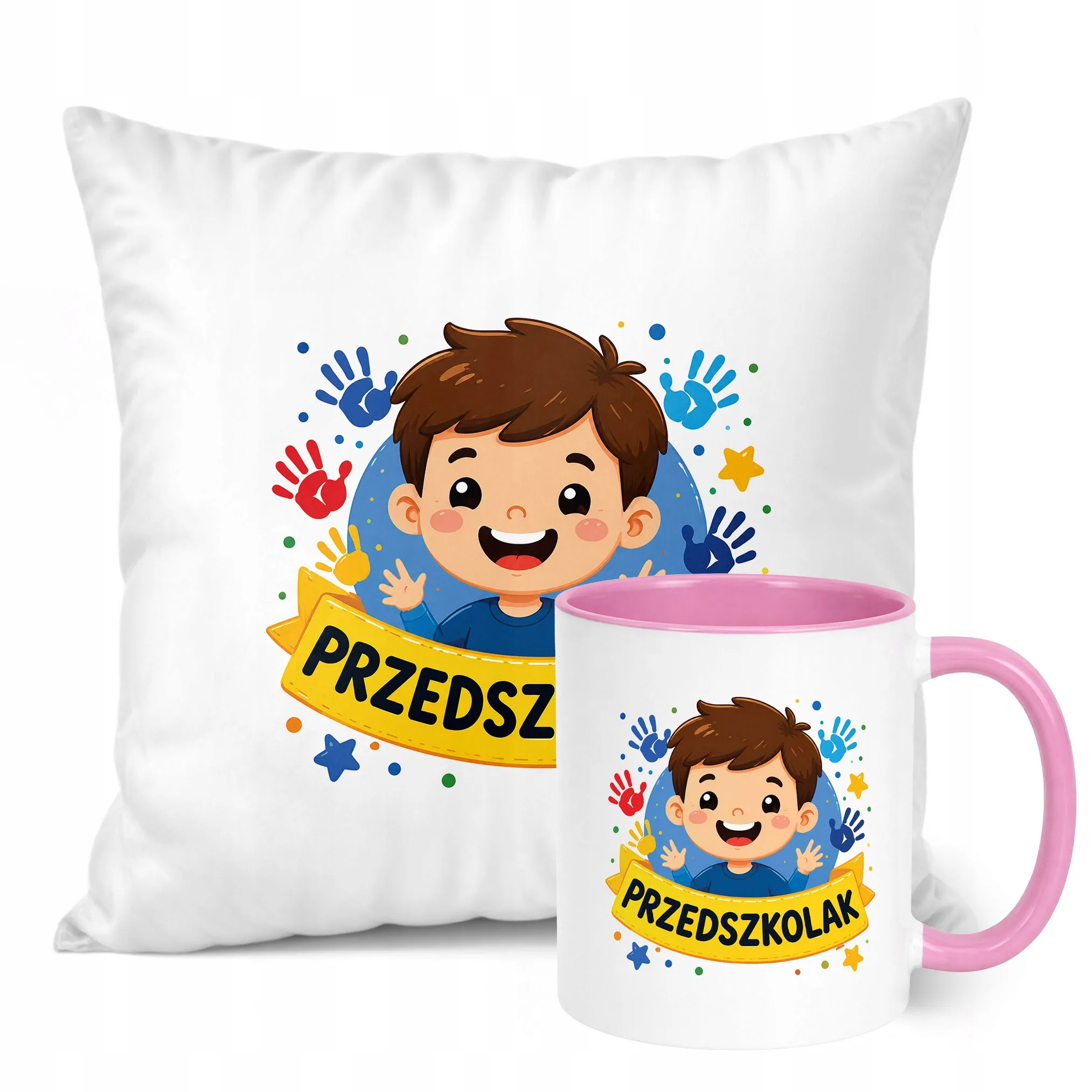 Zestaw Kubek Różowy Poduszka Z Nadrukiem Przedszkolak Szkoła Prezent