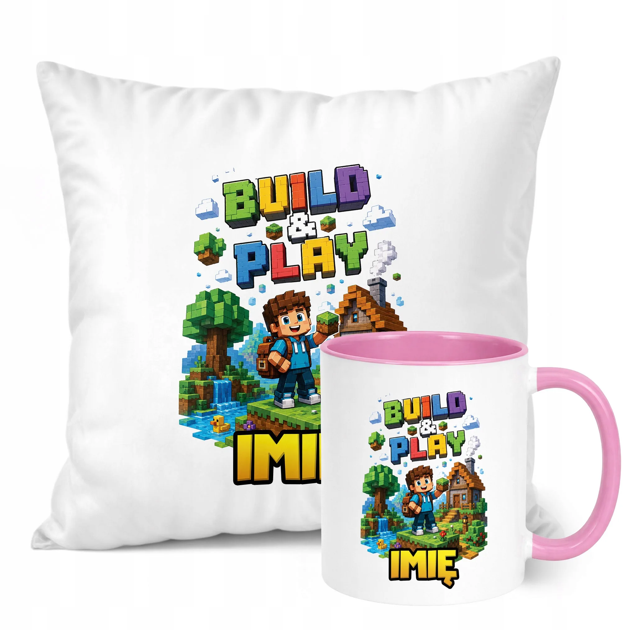 Zestaw Personalizowany Kubek Różowy Poduszka gra Build&Play Prezent