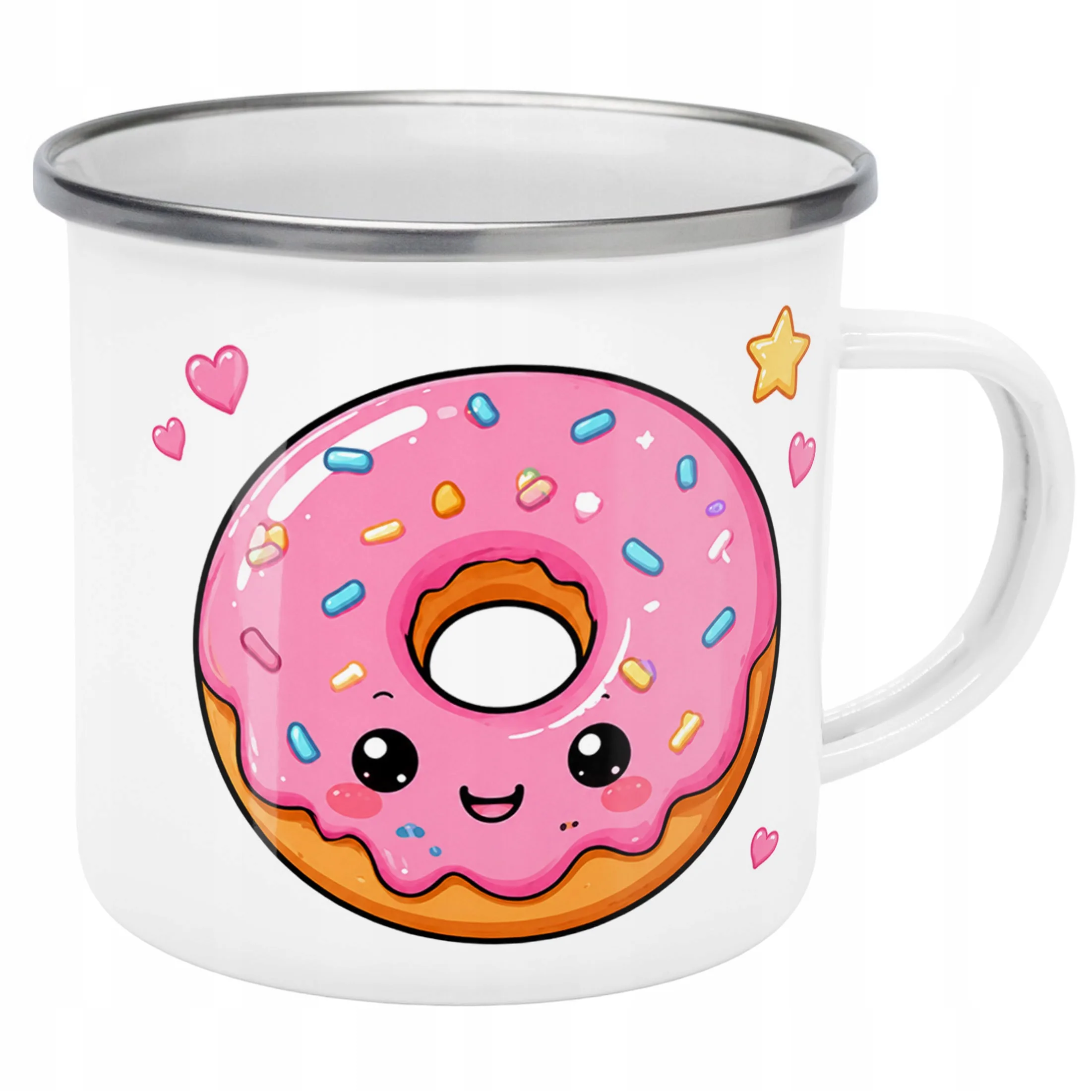 Kubek Emaliowany Kawaii Pączek z Nadrukiem Biały Metalowy Prezent