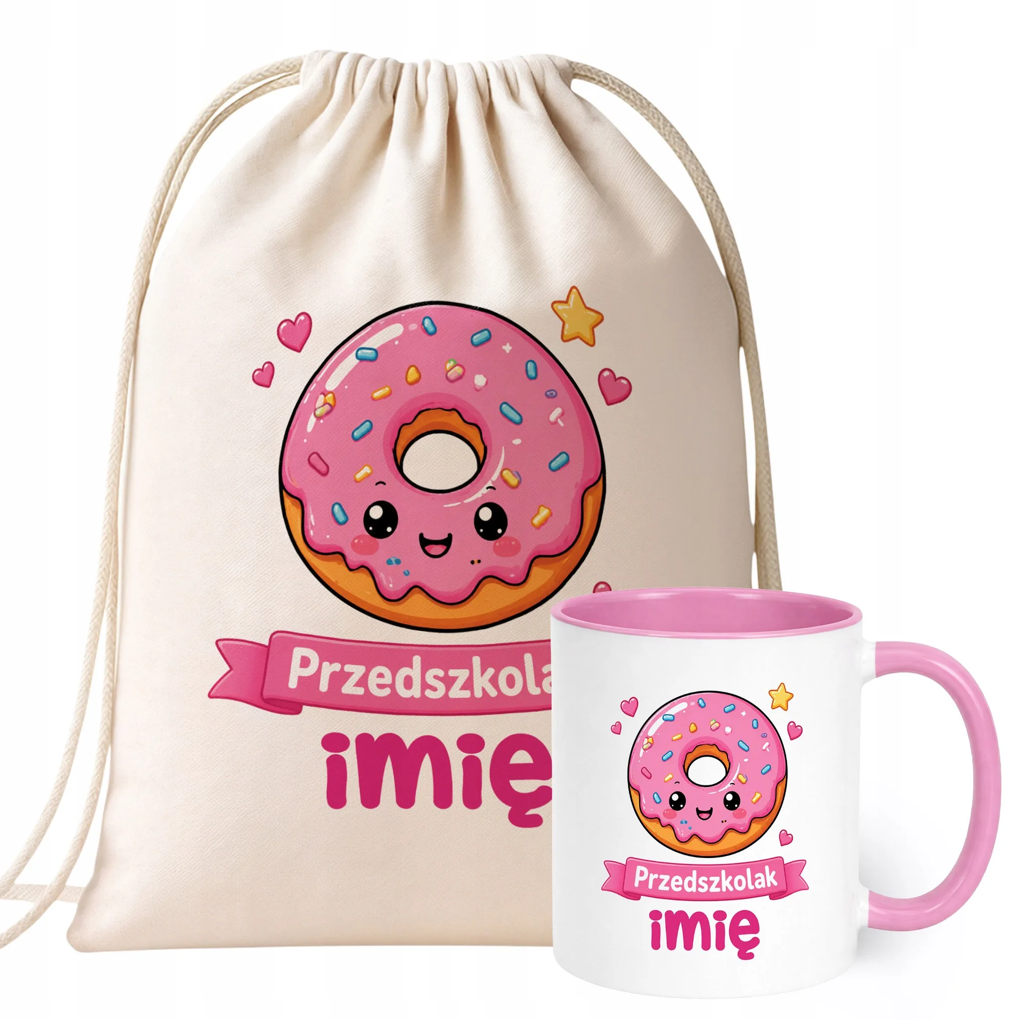 Zestaw Personalizowany Plecak Worek Kubek Różowy Przedszkolak Pączek