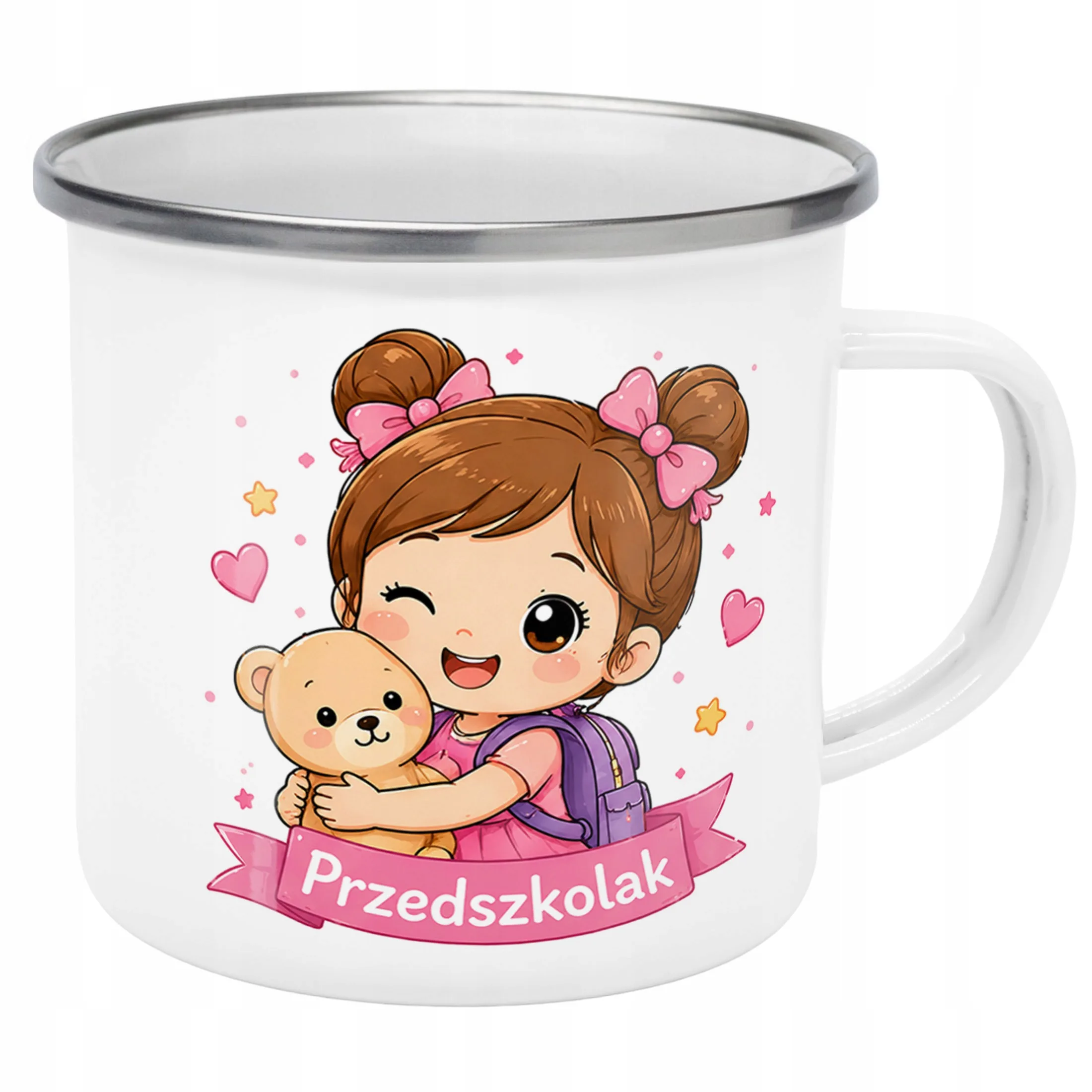 Kubek Emaliowany Przedszkolak Szkoła z Nadrukiem Biały Metalowy Prezent