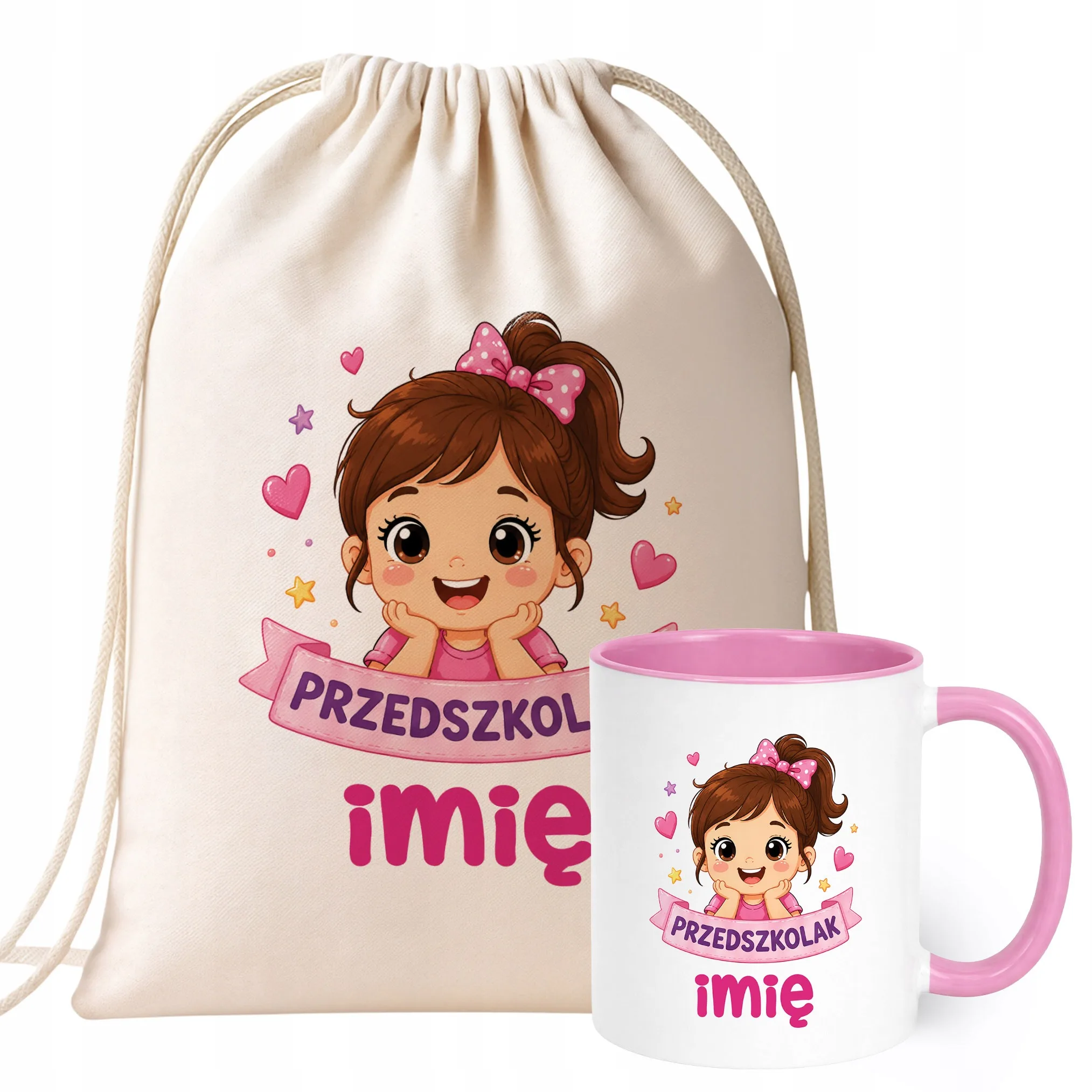 Zestaw Personalizowany Plecak Worek Kubek Różowy Przedszkolak Prezent