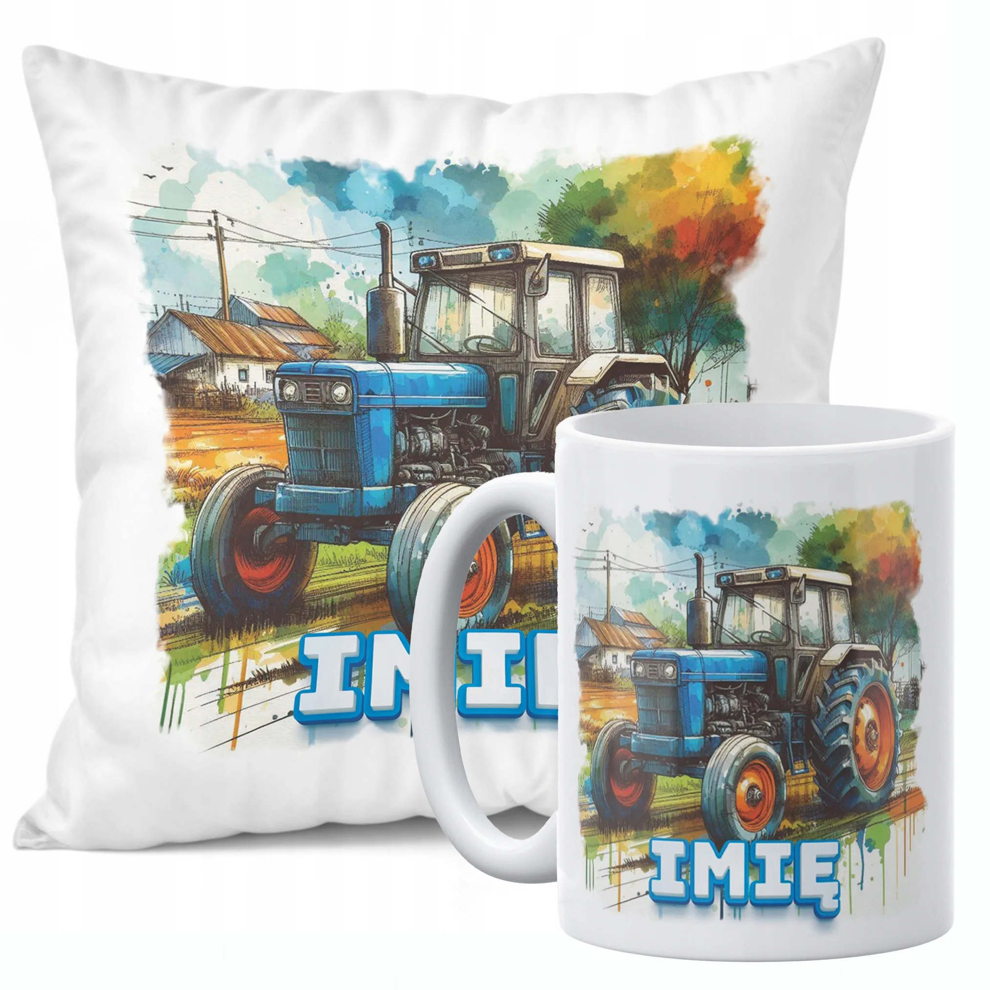Zestaw Personalizowany Kubek + Poduszka 38×38 cm Traktor Dla Dzieci