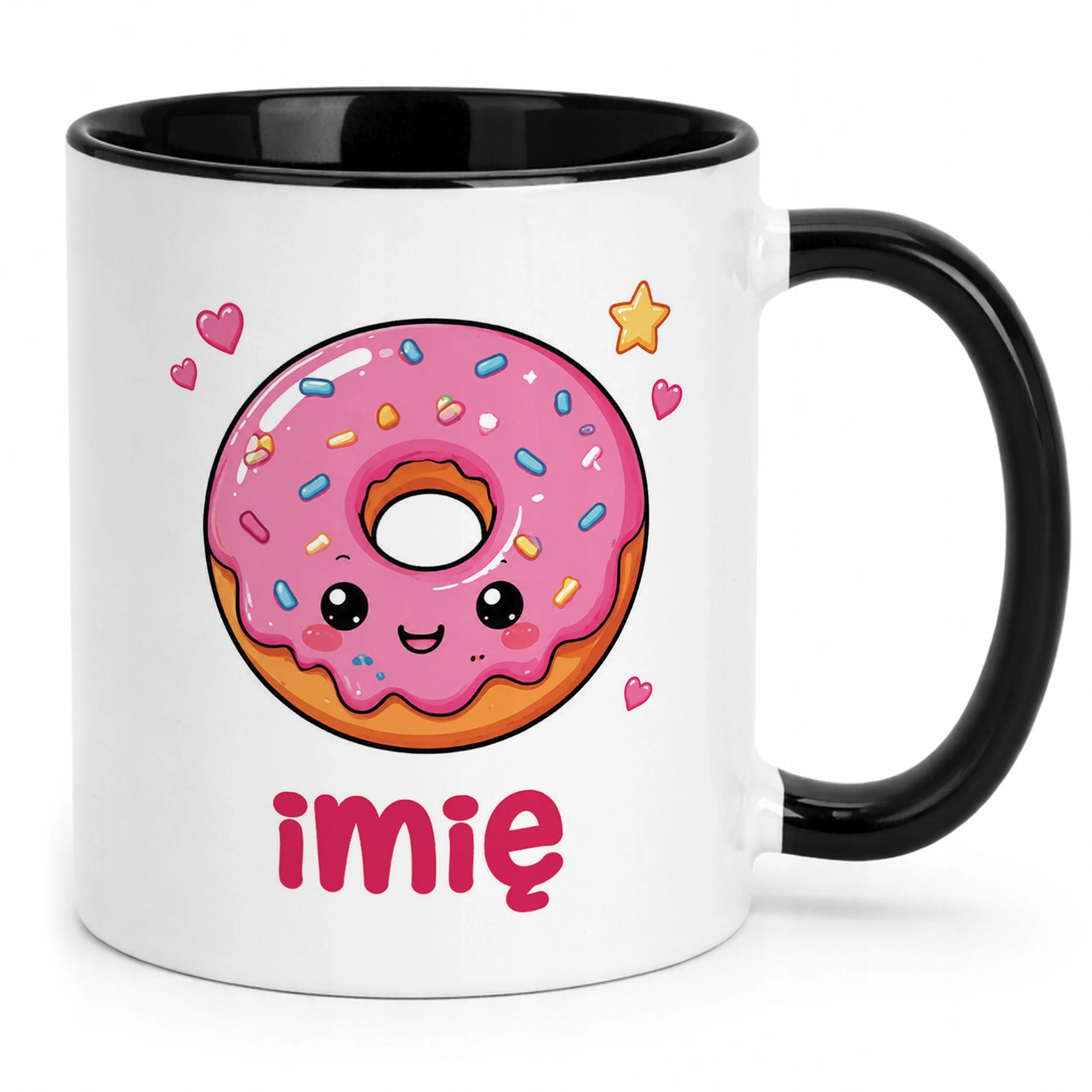 Kubek Czarny z nadrukiem personalizowany Kawaii Pączek Dla Dzieci Prezent