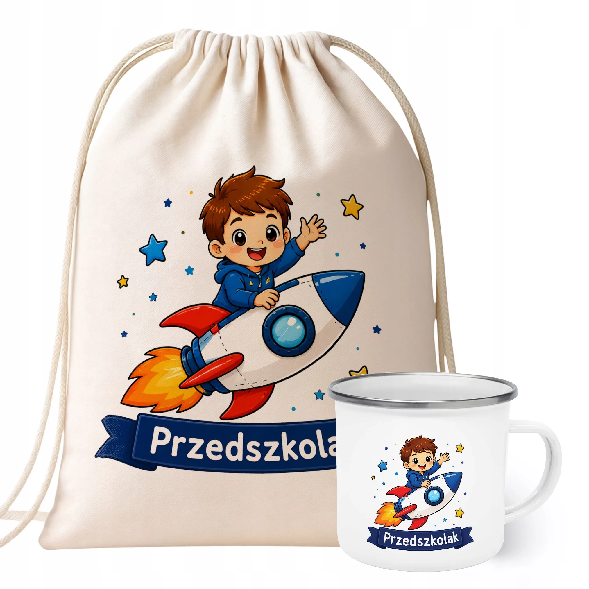 Zestaw Plecak Worek Kubek Emaliowany Z Nadrukiem Przedszkolak Szkoła