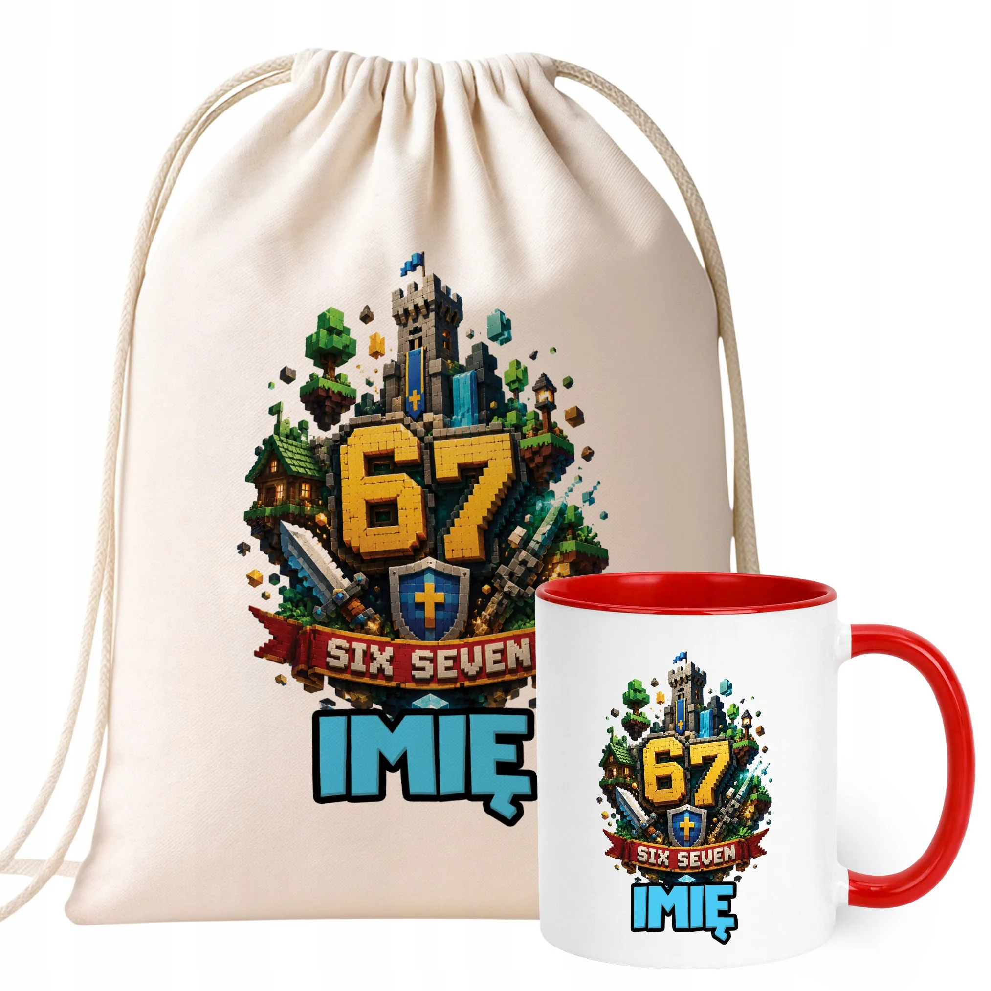 Zestaw Personalizowany Plecak Worek Kubek Czerwony 67 Six Seven Prezent