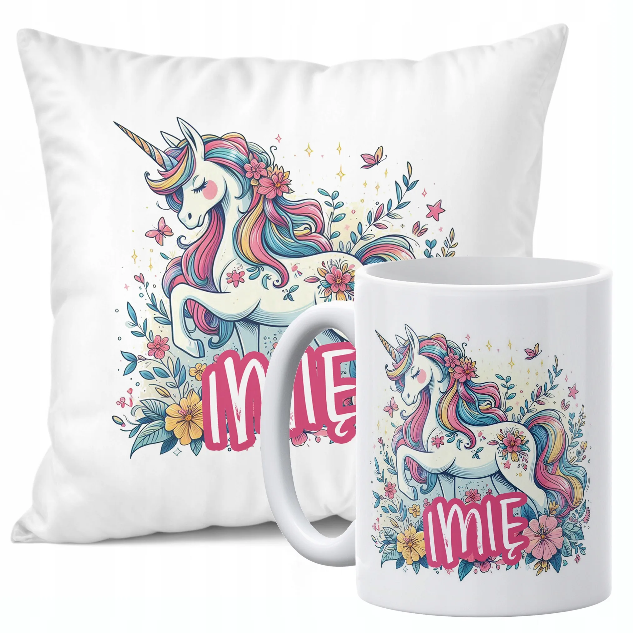 Zestaw Personalizowany Kubek + Poduszka 38×38 cm Z Imieniem Z Jednorożcem
