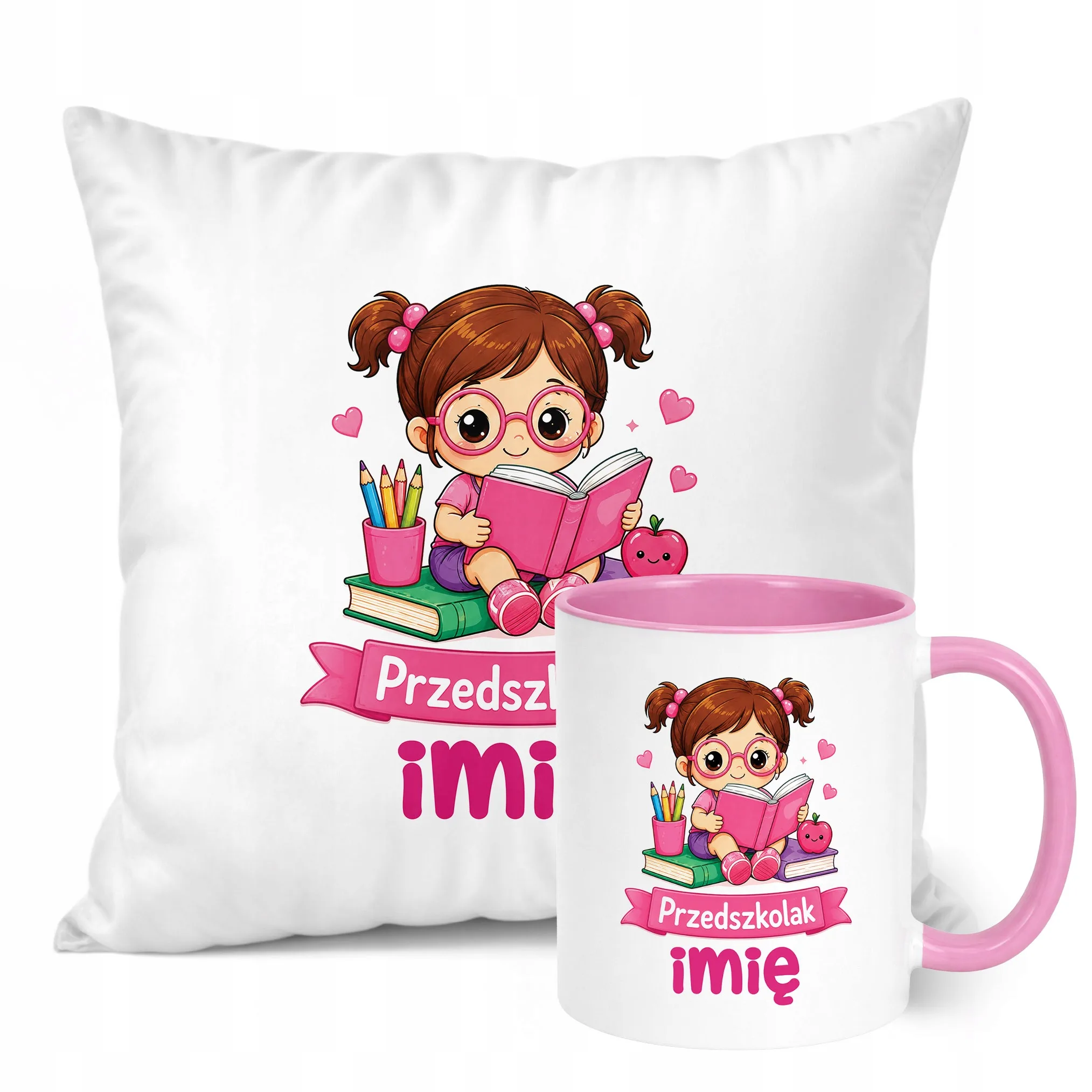 Zestaw Personalizowany Kubek Różowy Poduszka Przedszkolak Prezent