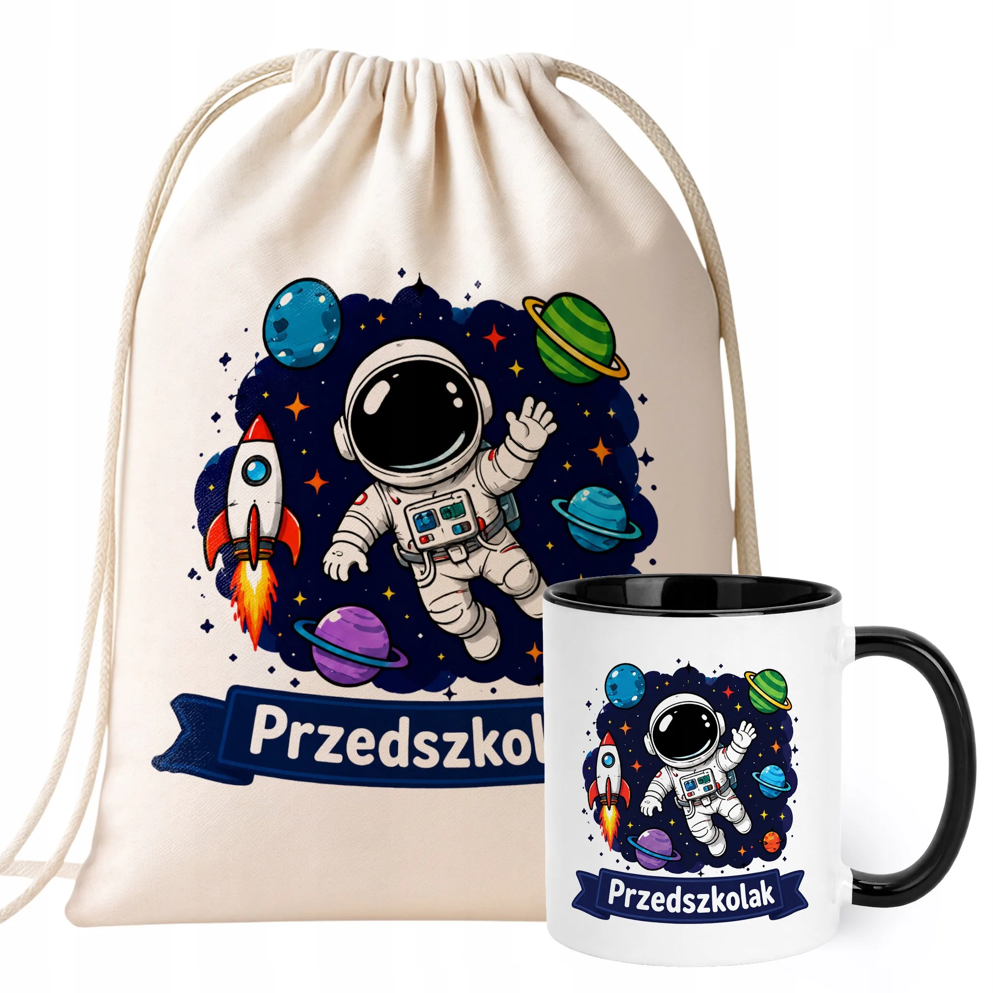 Zestaw Plecak Worek Kubek Czarny Z Nadrukiem Przedszkolak Dla Dzieci