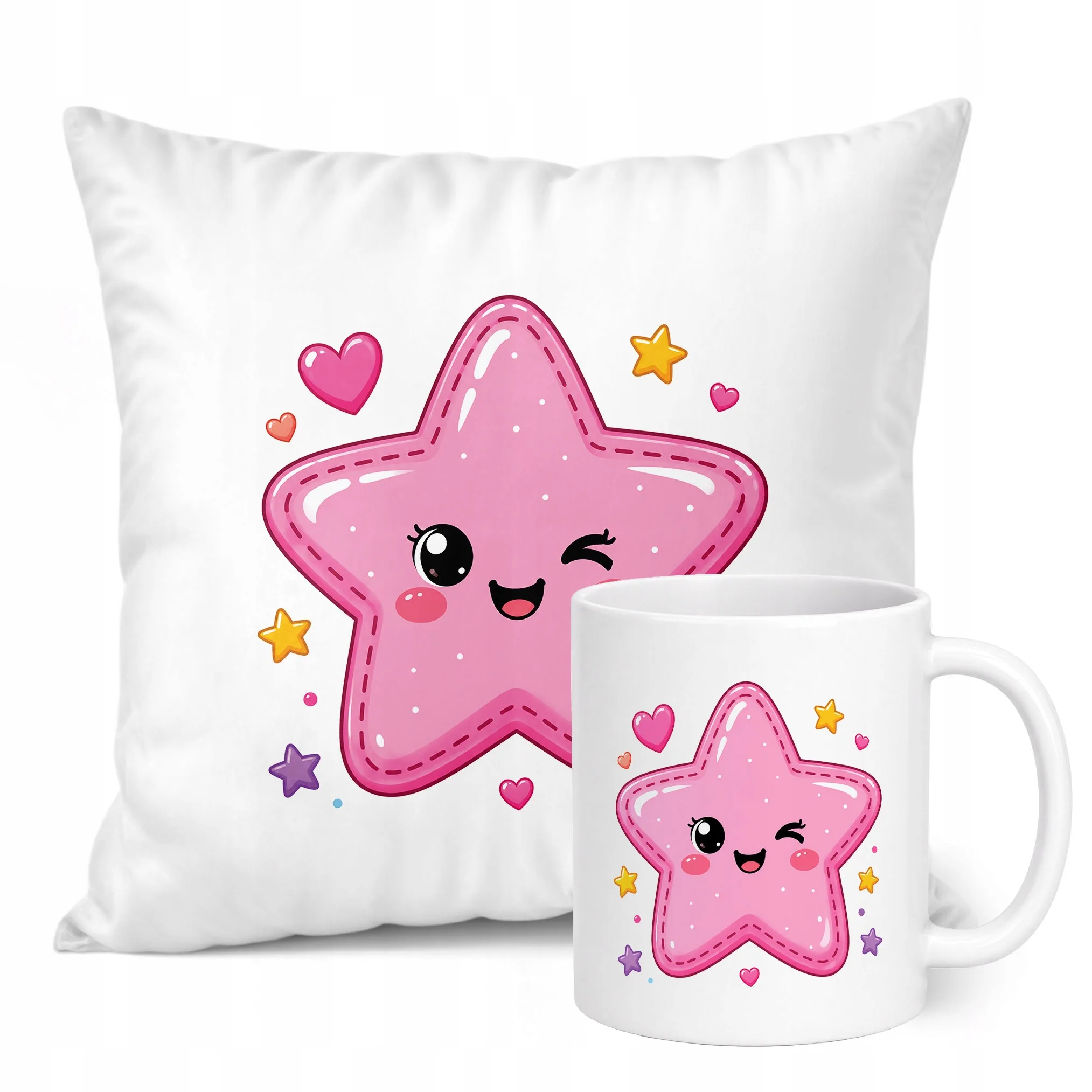 Zestaw Kubek Biały Poduszka Z Nadrukiem Kawaii Gwiazdka Prezent