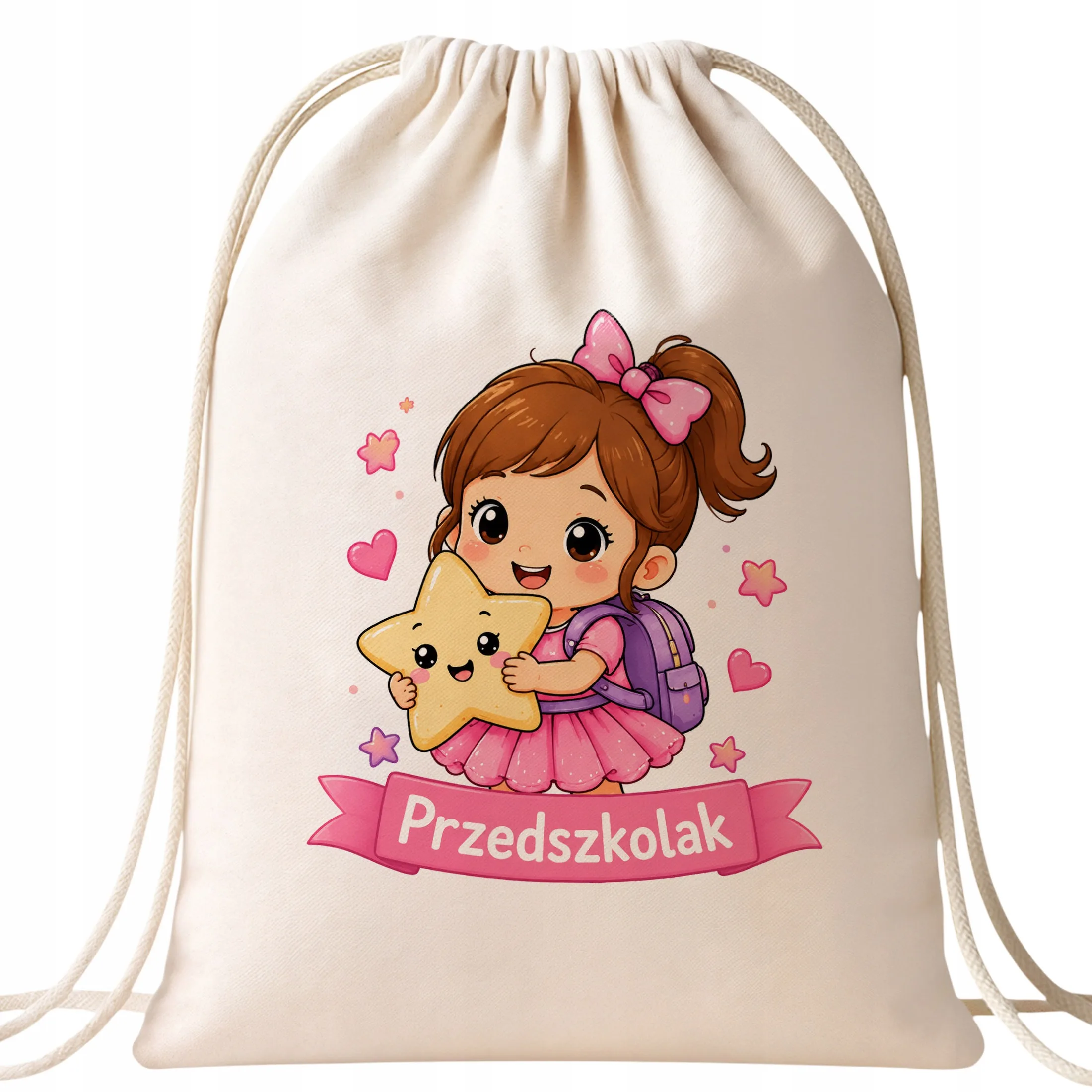 Plecak Worek Przedszkolak z Nadrukiem Bawełniany Szkolny na Buty Ecru