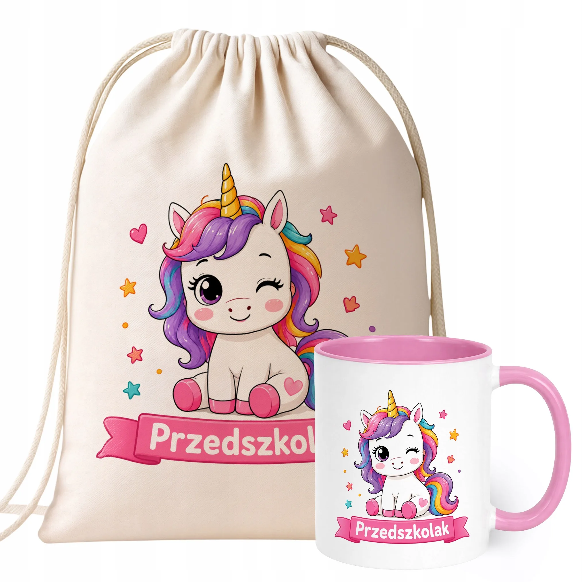 Zestaw Plecak Worek Kubek Różowy Z Nadrukiem Przedszkolak Dla Dzieci