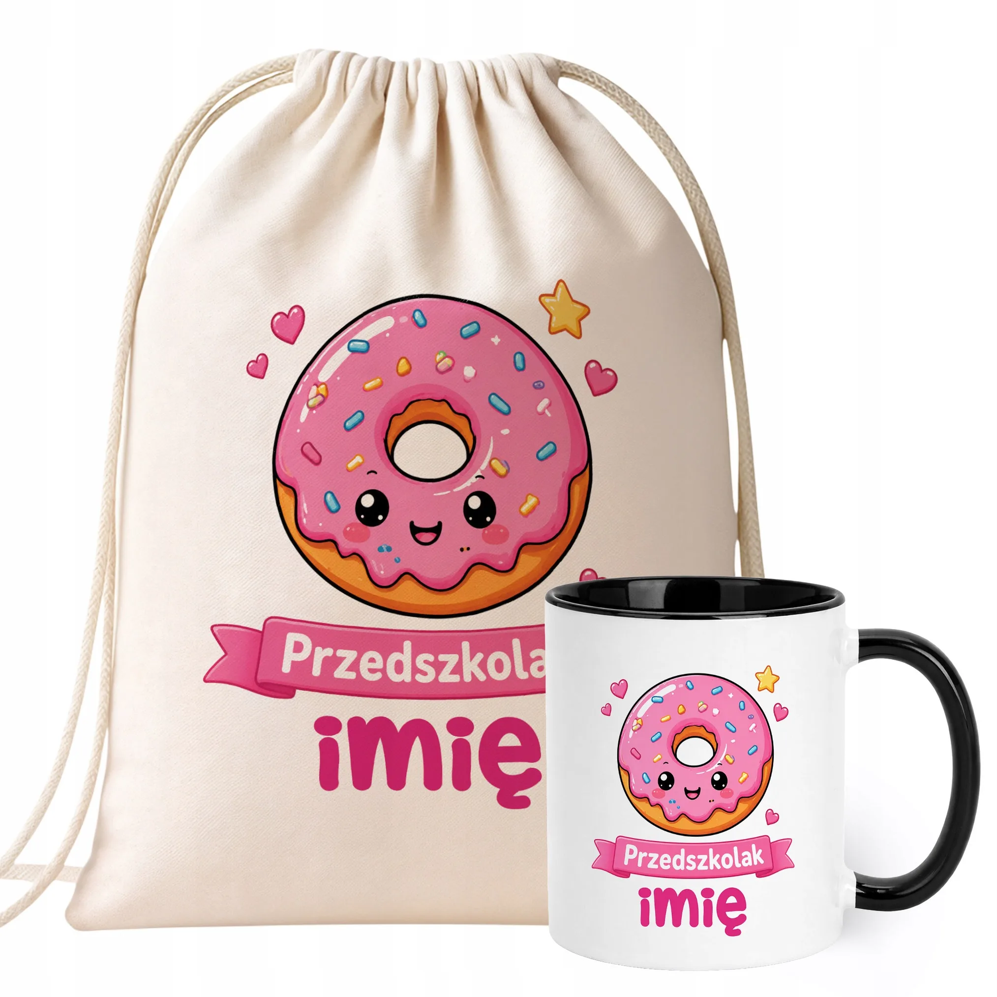 Zestaw Personalizowany Plecak Worek Kubek Czarny Przedszkolak Pączek