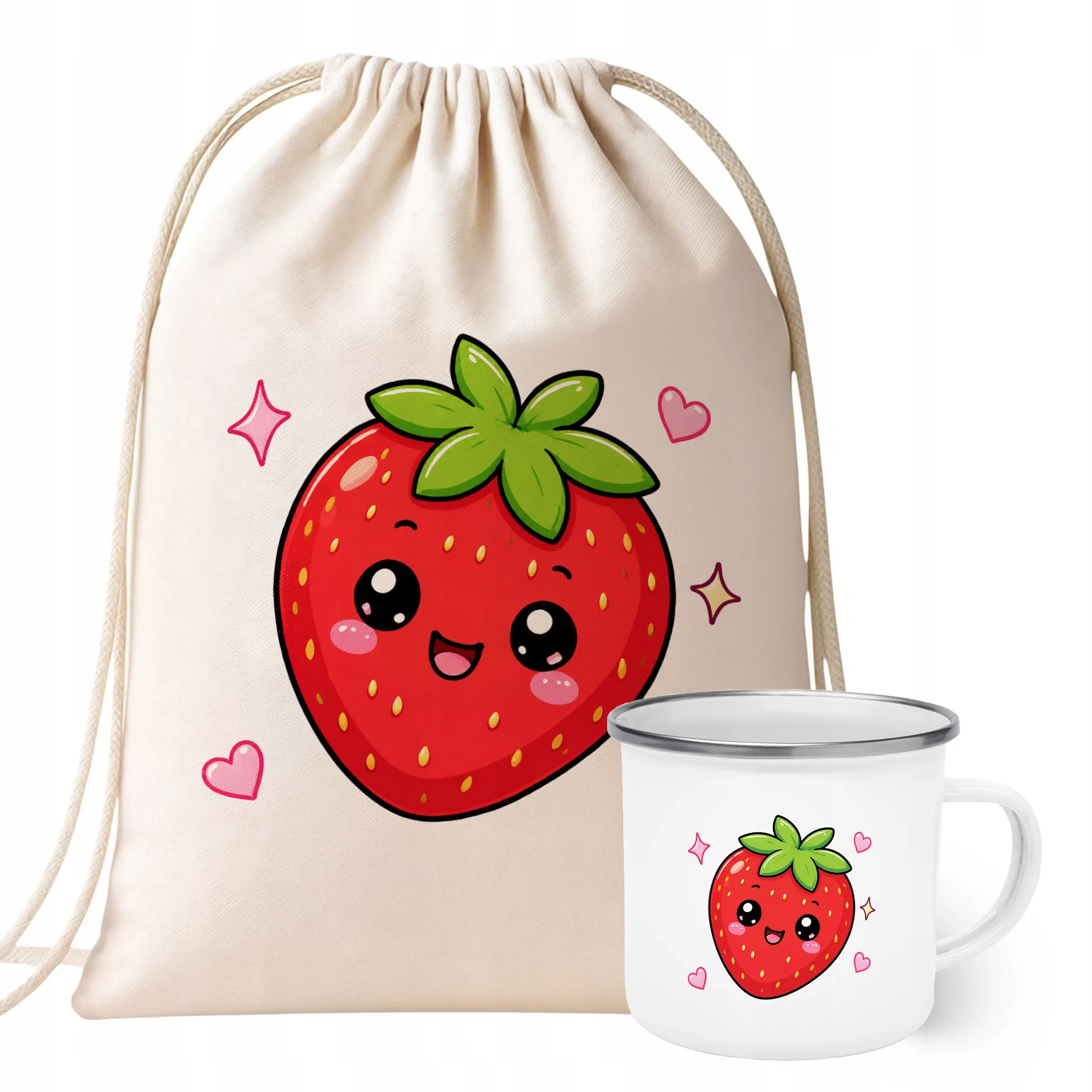 Zestaw Plecak Worek Kubek Emaliowany Z Nadrukiem Kawaii Truskawka Prezent