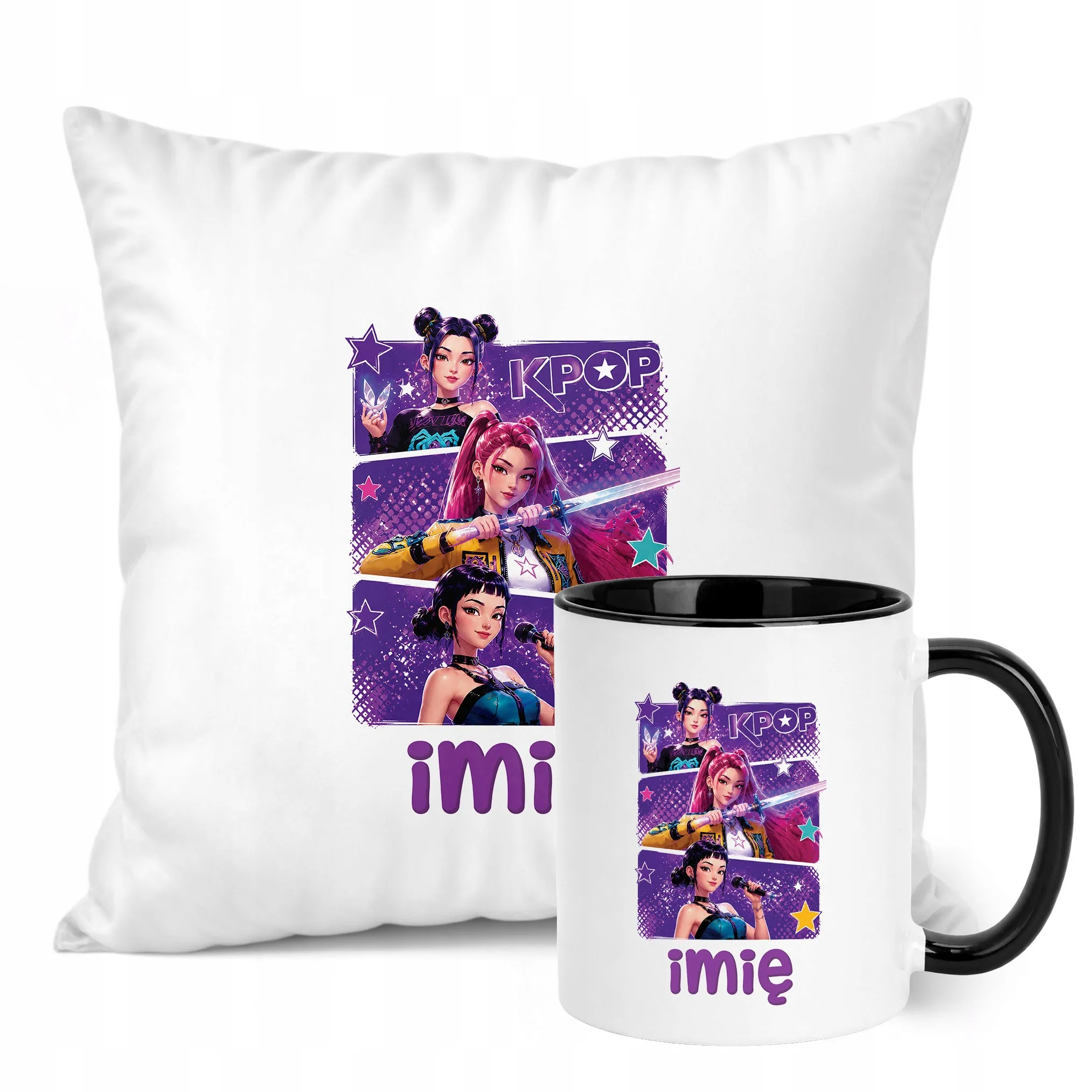 Zestaw Personalizowany Kubek Czarny Poduszka Łowczynie Kpop Prezent