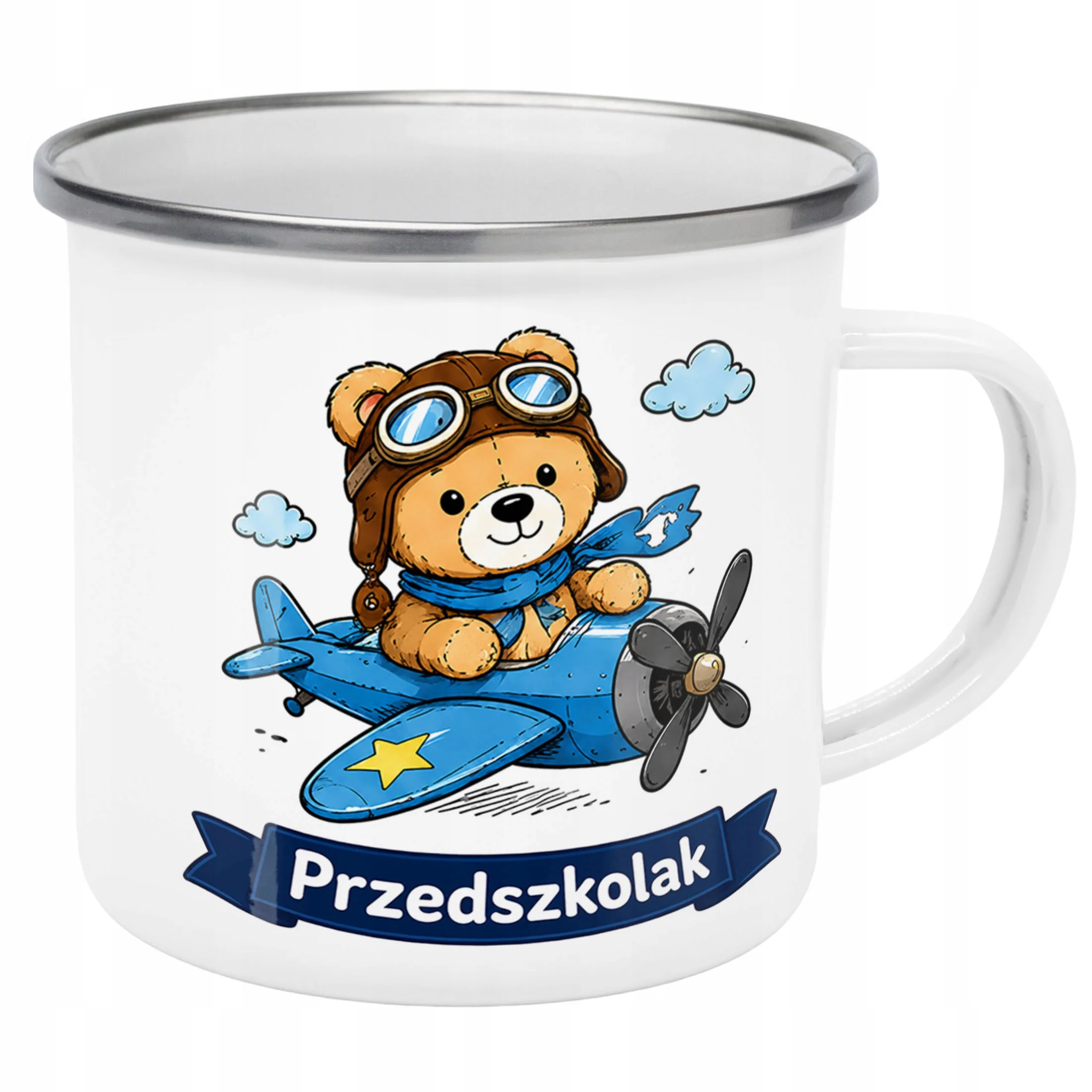Kubek Emaliowany Przedszkolak Szkoła z Nadrukiem Biały Metalowy Prezent