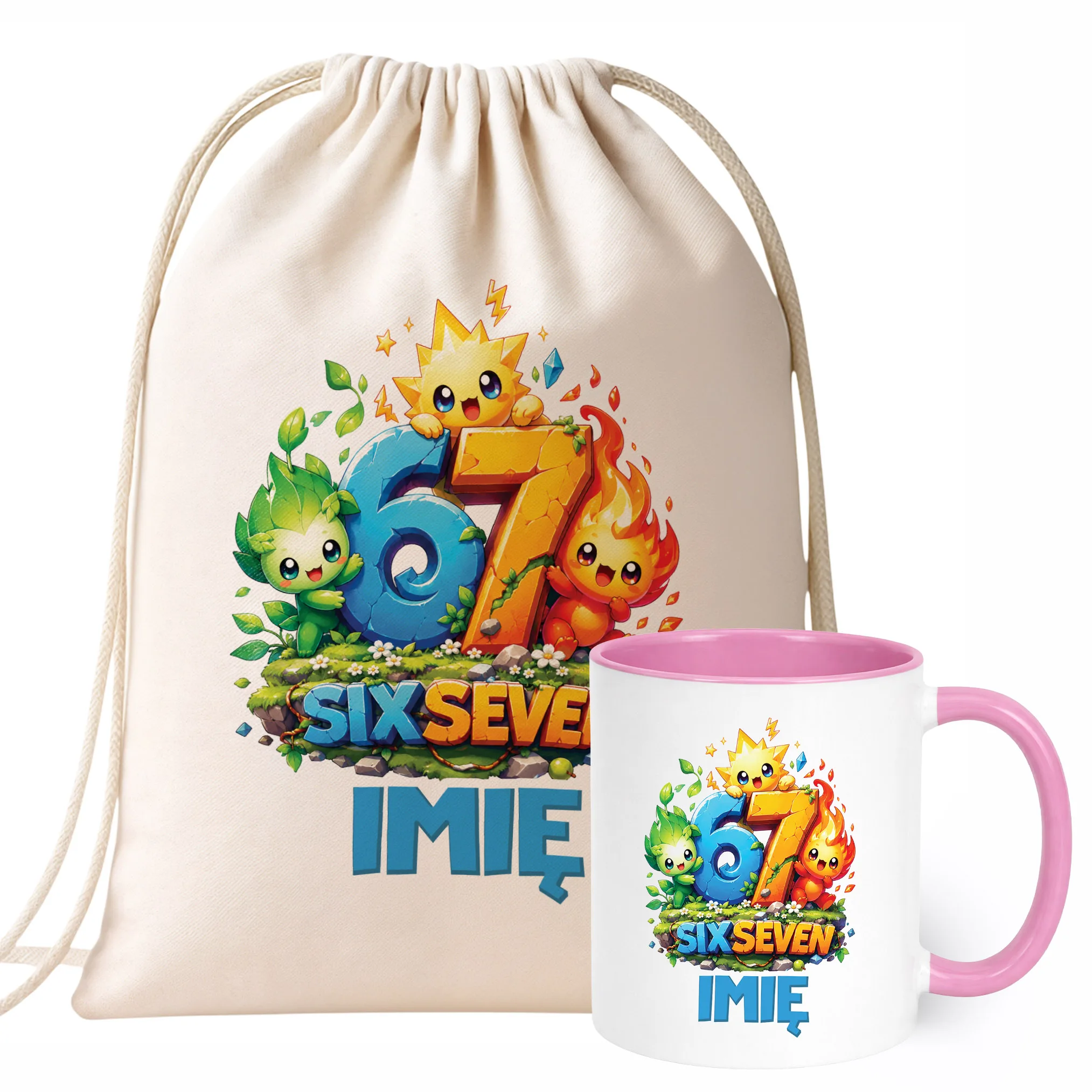 Zestaw Personalizowany Plecak Worek Kubek Różowy 67 Six Seven Prezent