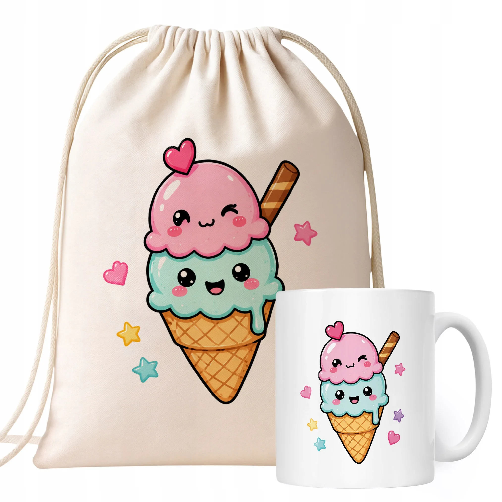 Zestaw Plecak Worek Kubek Z Nadrukiem Kawaii Lody Dla Dzieci Prezent
