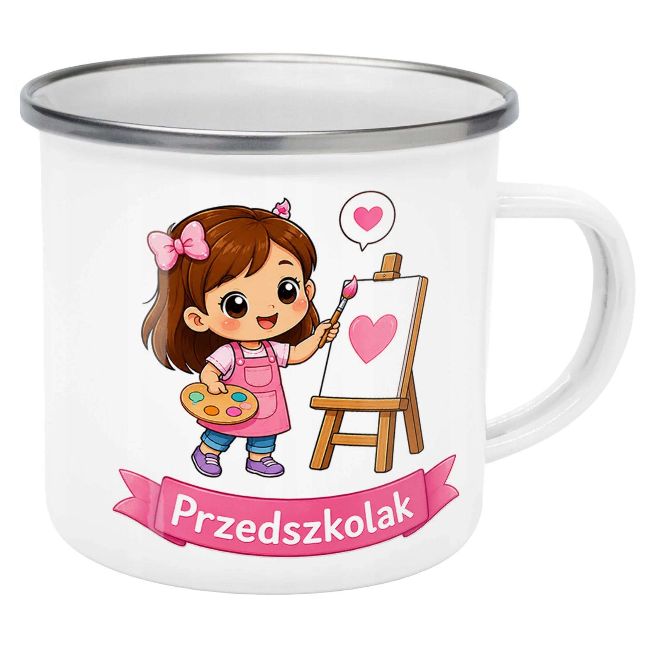 Kubek Emaliowany Przedszkolak Szkoła z Nadrukiem Biały Metalowy Prezent