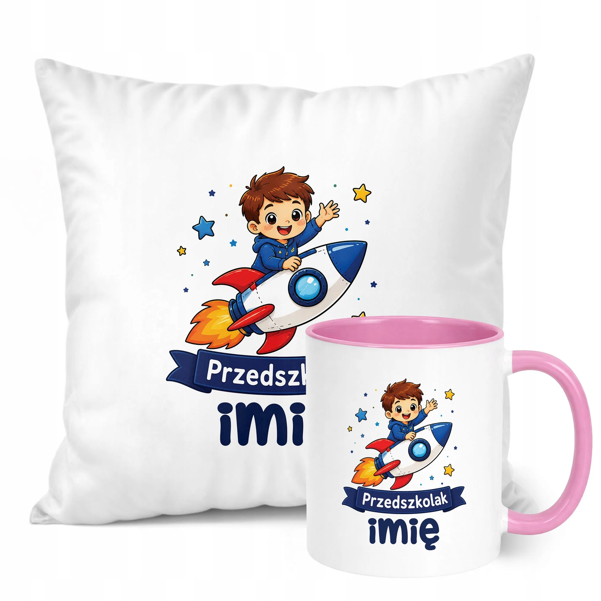 Zestaw Personalizowany Kubek Różowy Poduszka Przedszkolak Rakieta