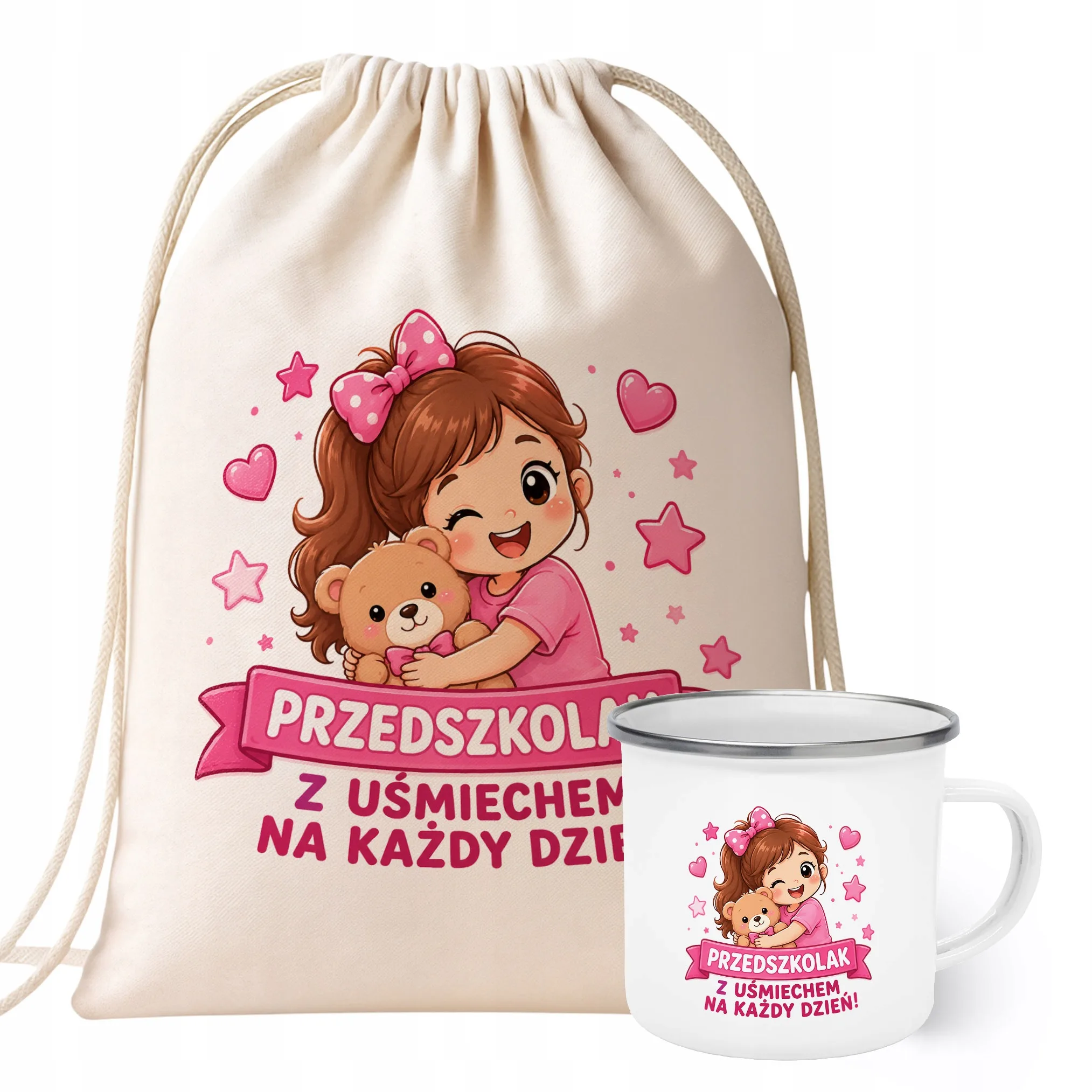 Zestaw Plecak Worek Kubek Emaliowany Z Nadrukiem Przedszkolak Szkoła
