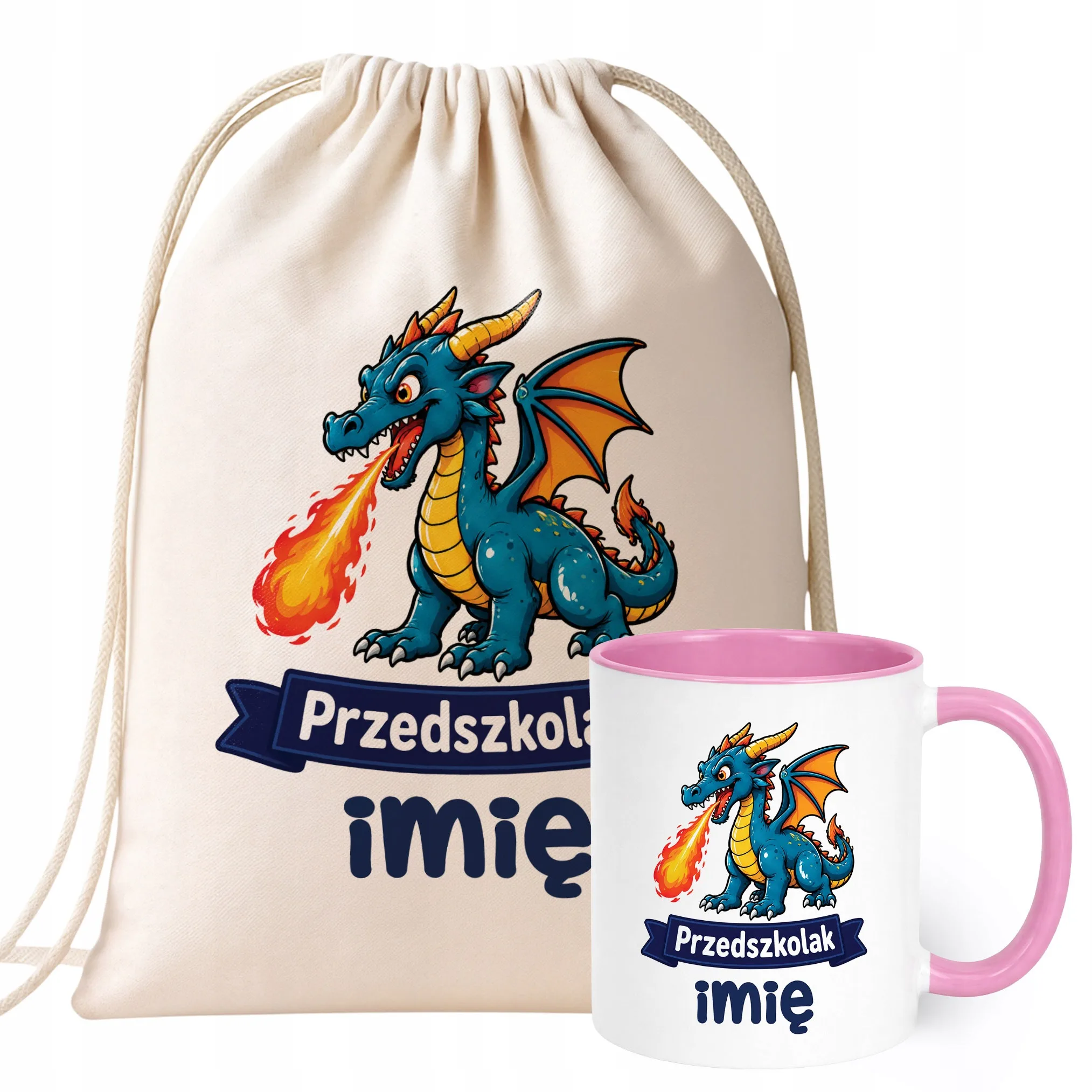 Zestaw Personalizowany Plecak Worek Kubek Różowy Przedszkolak Smok Prezent