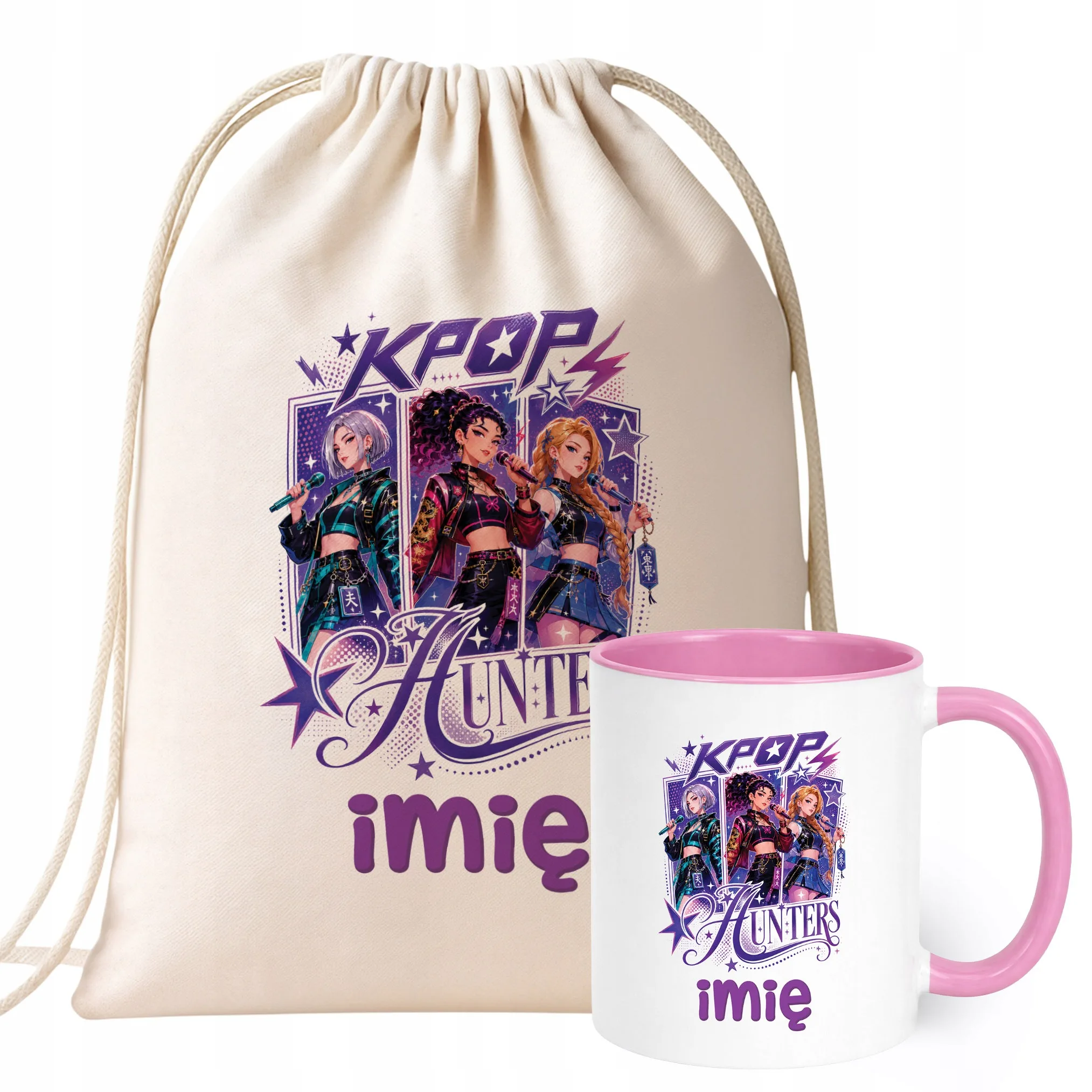 Zestaw Personalizowany Plecak Worek Kubek Różowy Łowczynie Kpop Prezent