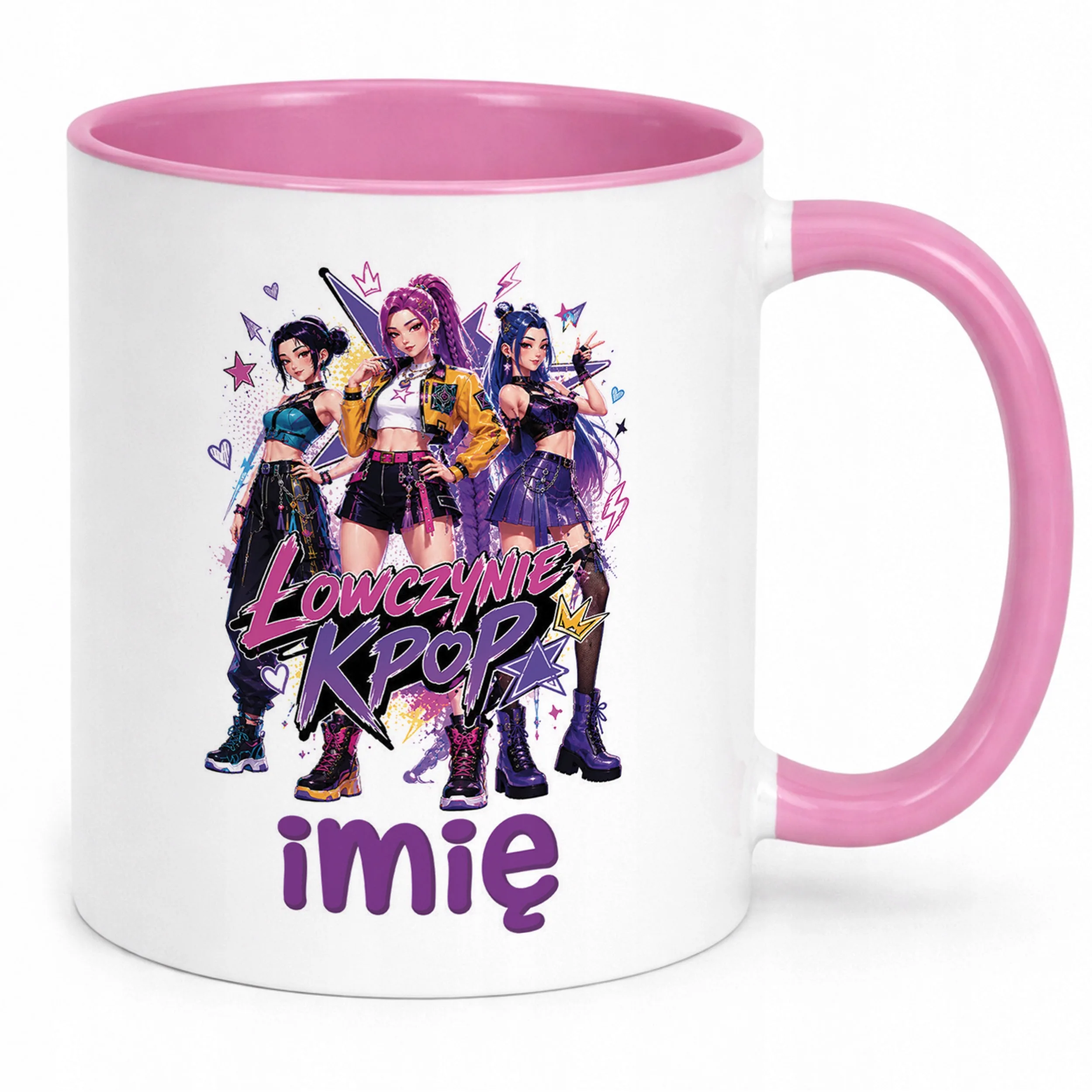 Kubek Różowy z nadrukiem personalizowany ŁOWCZYNIE KPOP Dla Dzieci Prezent