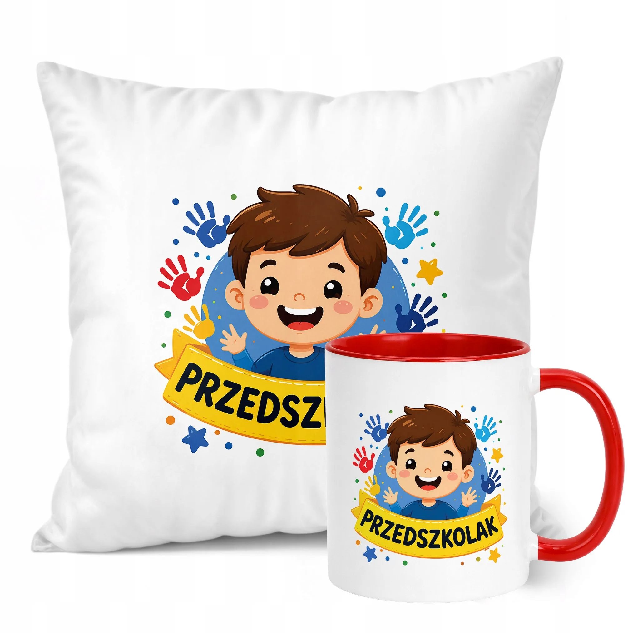 Zestaw Kubek Czerwony Poduszka Z Nadrukiem Przedszkolak Szkoła Prezent