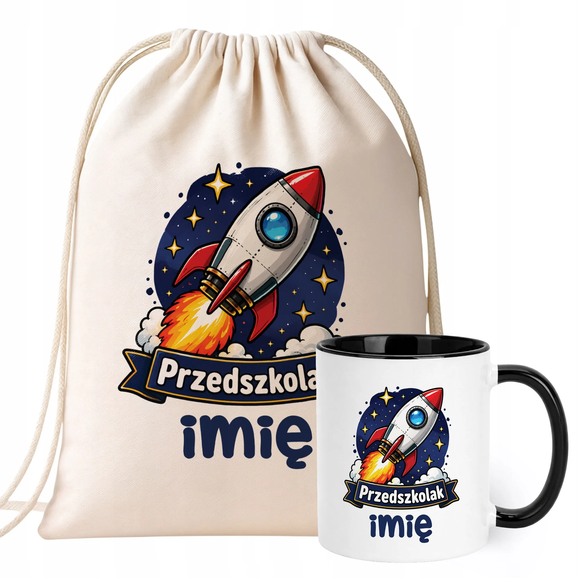 Zestaw Personalizowany Plecak Worek Kubek Czarny Przedszkolak Rakieta