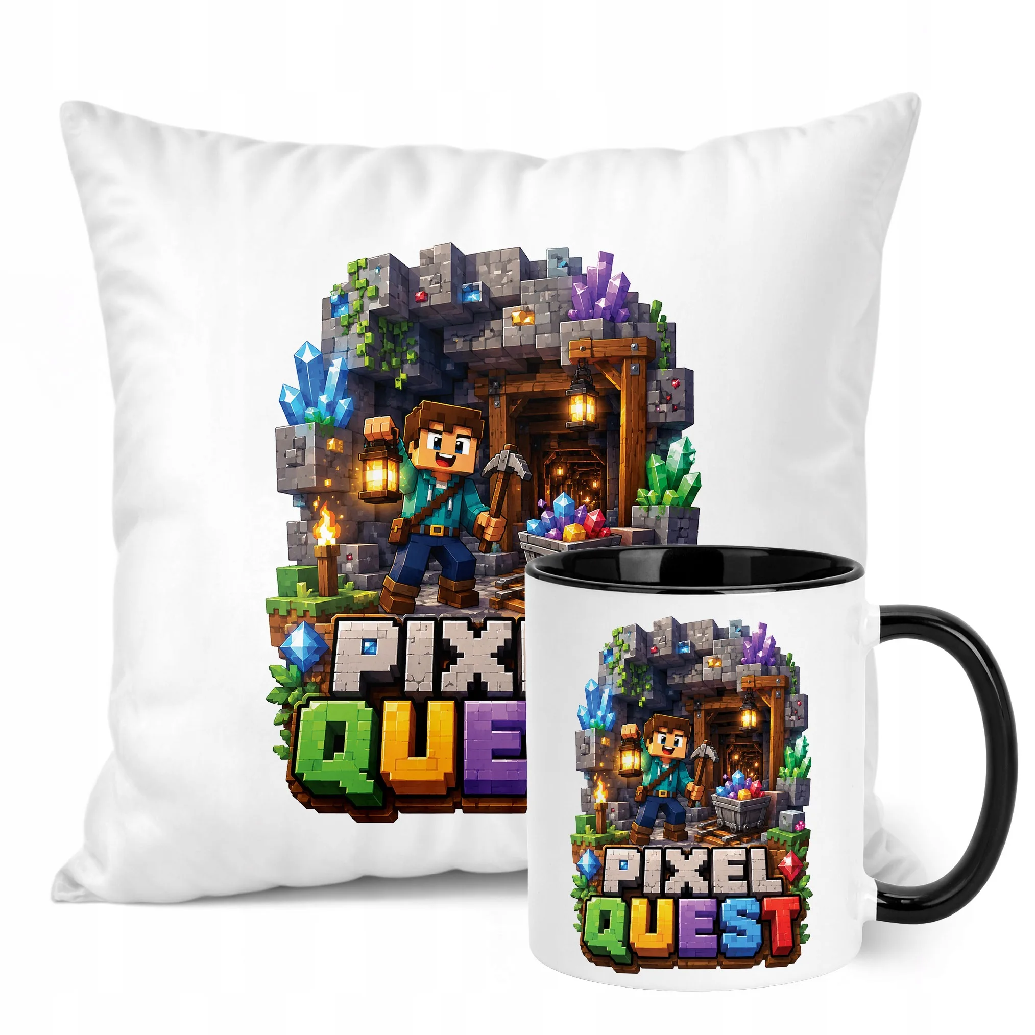 Zestaw Kubek Czarny Poduszka Z Nadrukiem PIXEL Gra Prezent