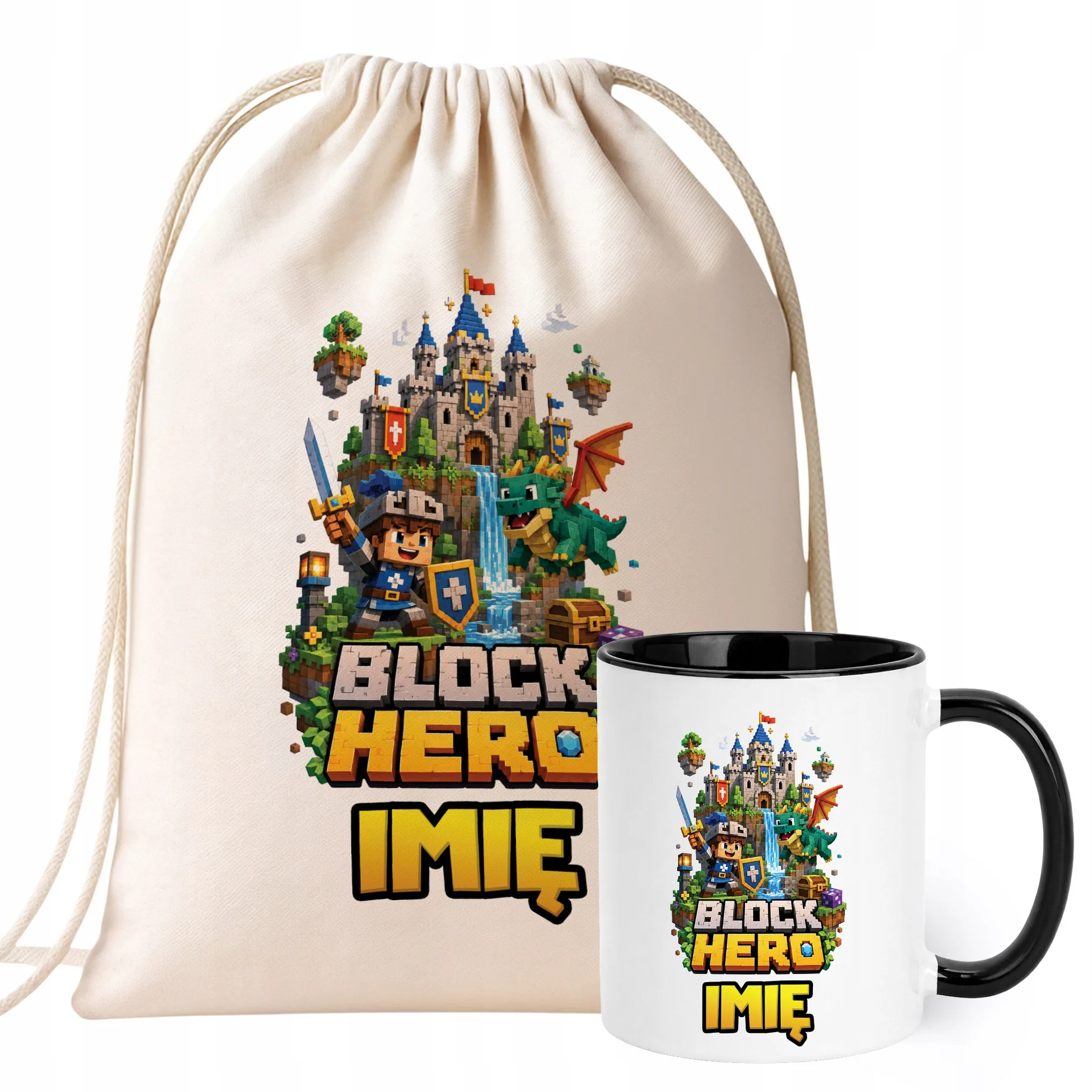 Zestaw Personalizowany Plecak Worek Kubek Czarny gra Block Hero Prezent